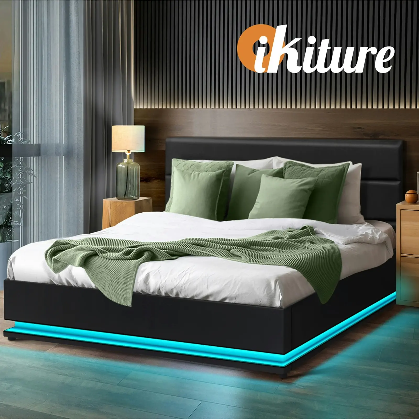 Oikiture RGB LED Bed Frame King Size Gas Lift Base With Storage Black Leather