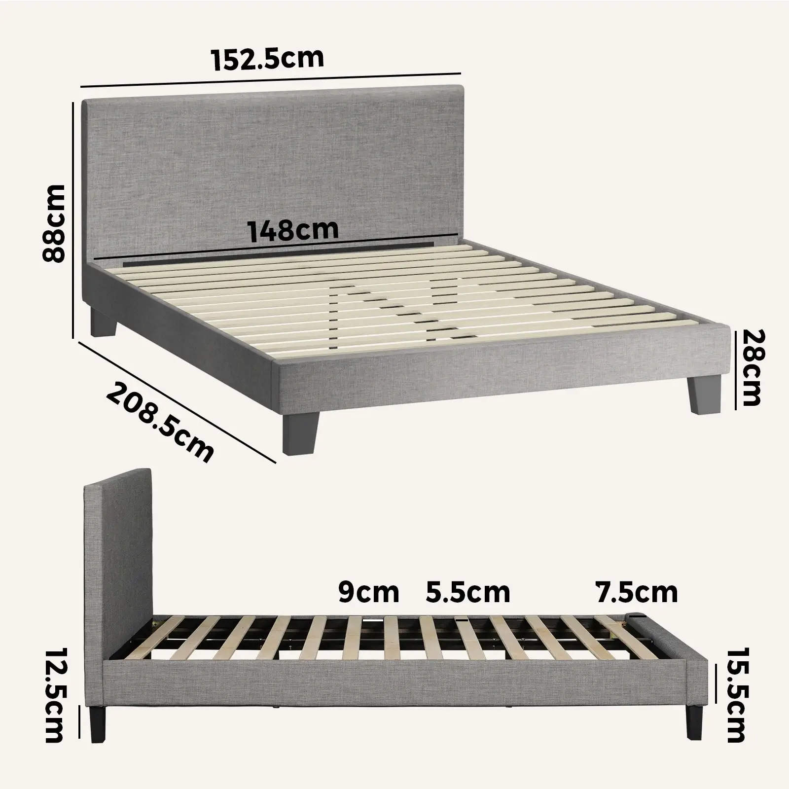 Oikiture Bed Frame Queen Size Mattress Base Platform Wooden Slats Grey Fabric