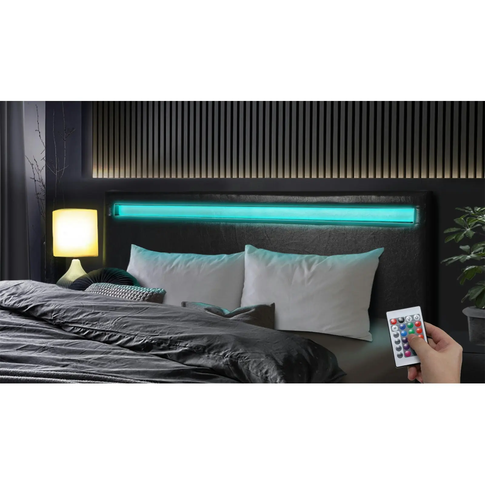 Oikiture Bed Frame RGB LED Queen Size Mattress Base Platform Wood Slat Leather