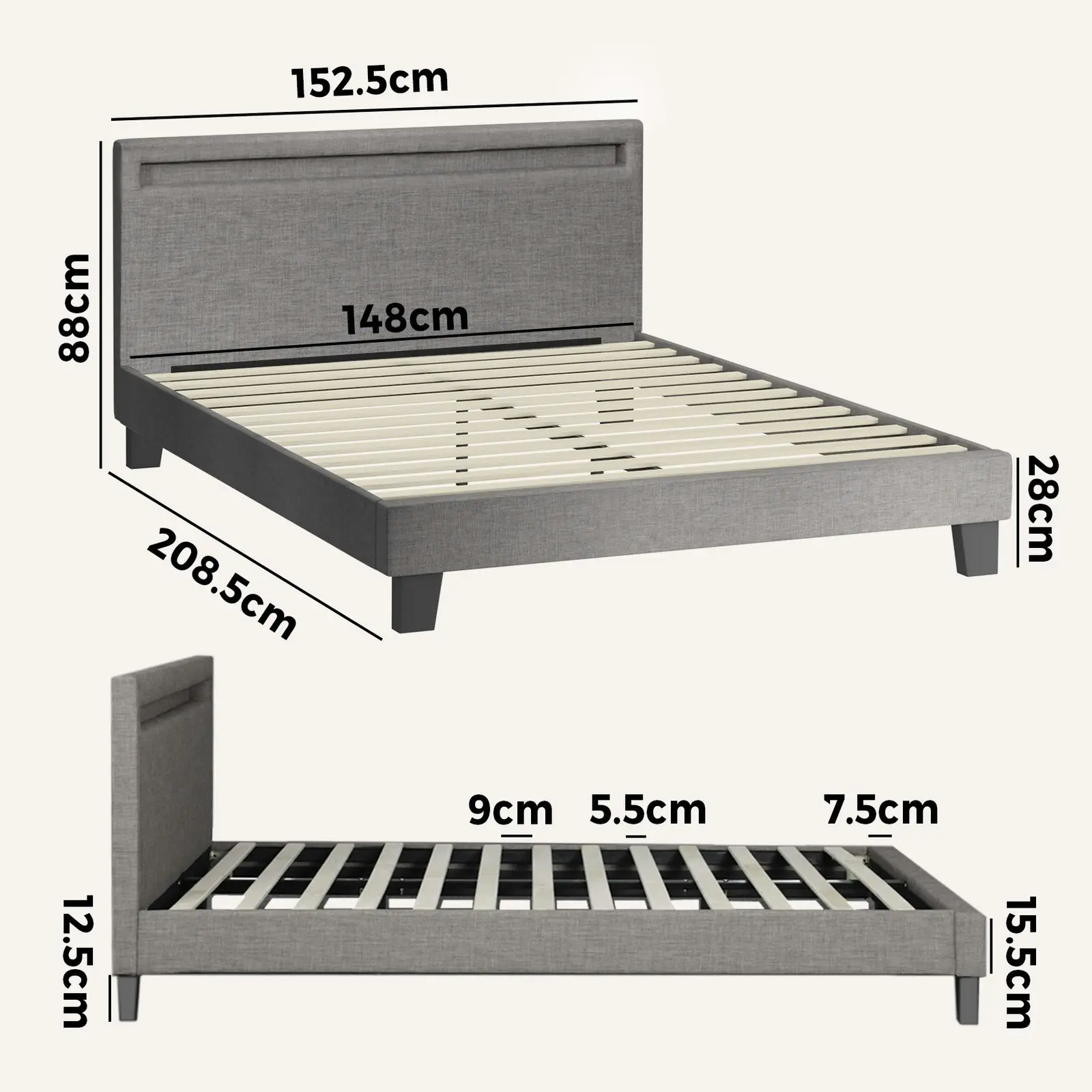 Oikiture Bed Frame RGB LED Queen Size Mattress Base Platform Wooden Grey Fabric