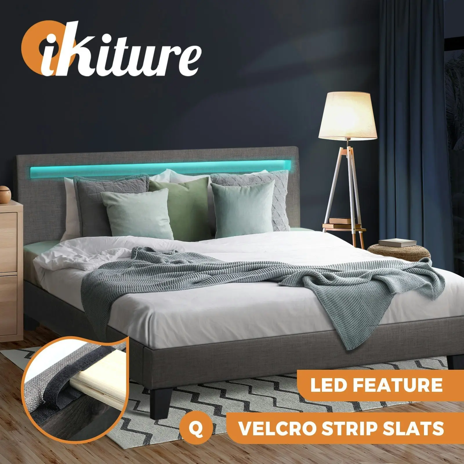 Oikiture Bed Frame RGB LED Queen Size Mattress Base Platform Wooden Grey Fabric