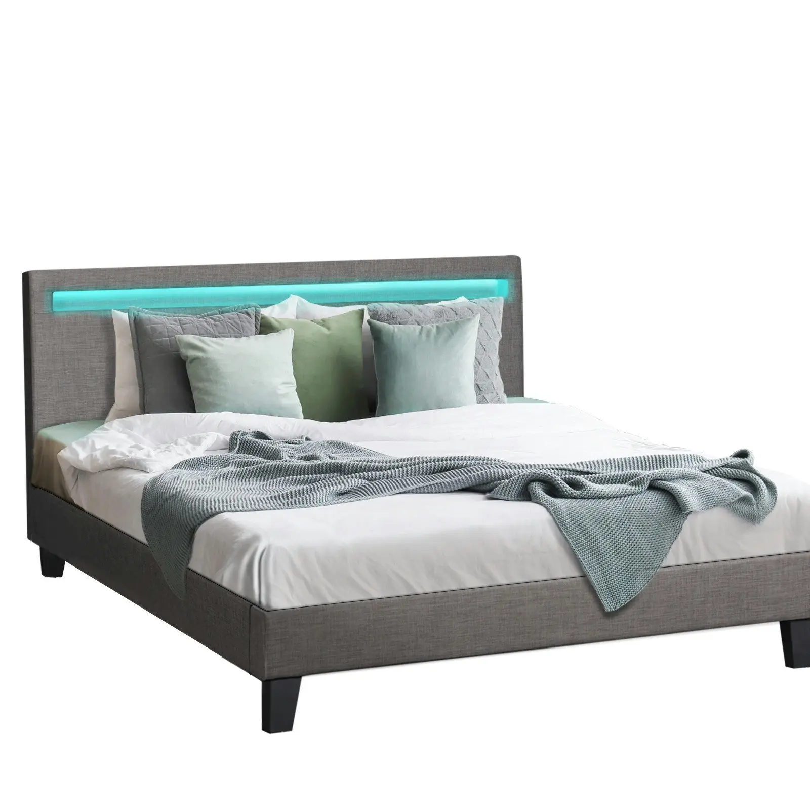 Oikiture Bed Frame RGB LED Queen Size Mattress Base Platform Wooden Grey Fabric