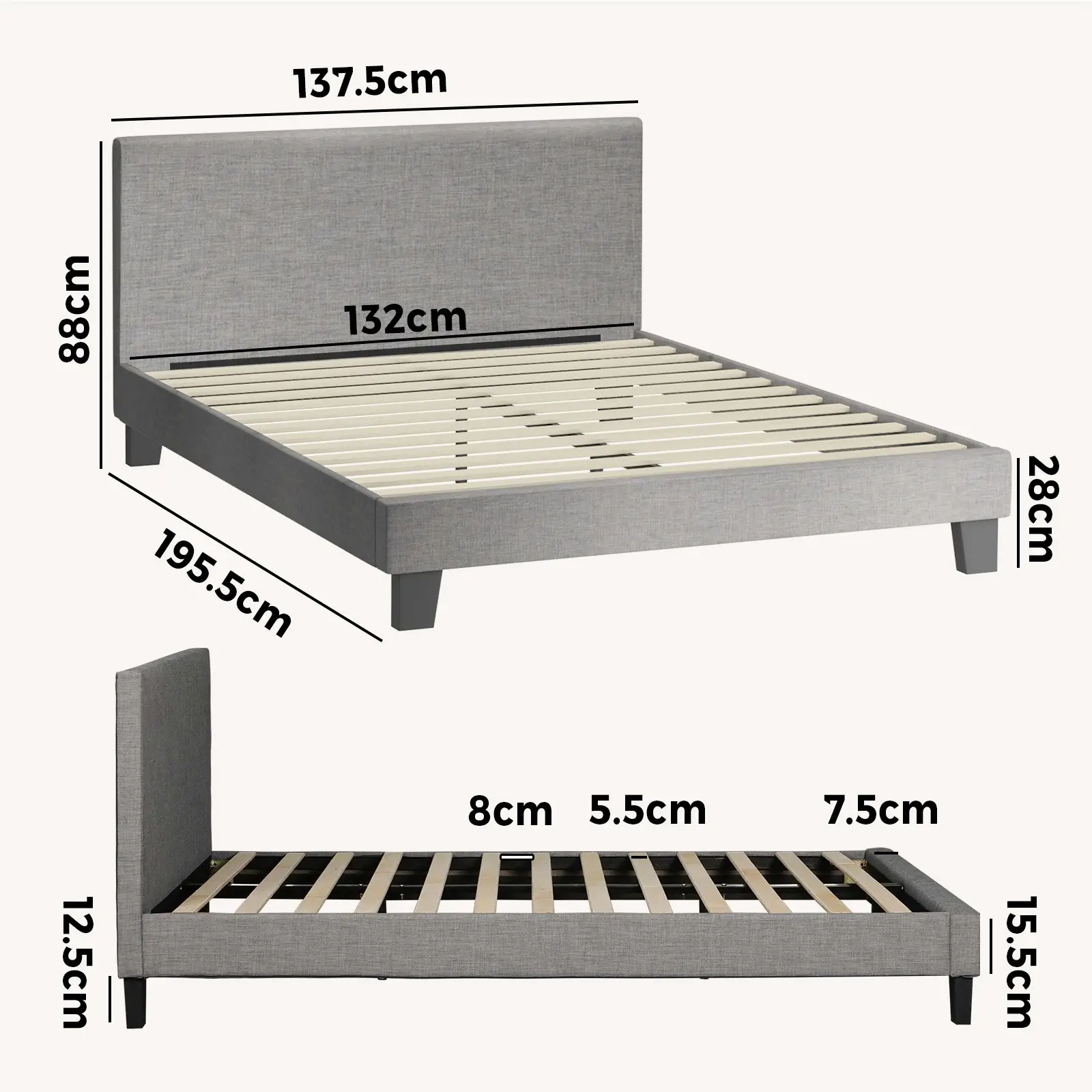 Oikiture Bed Frame Double Size Mattress Base Platform Wooden Slats Grey Fabric