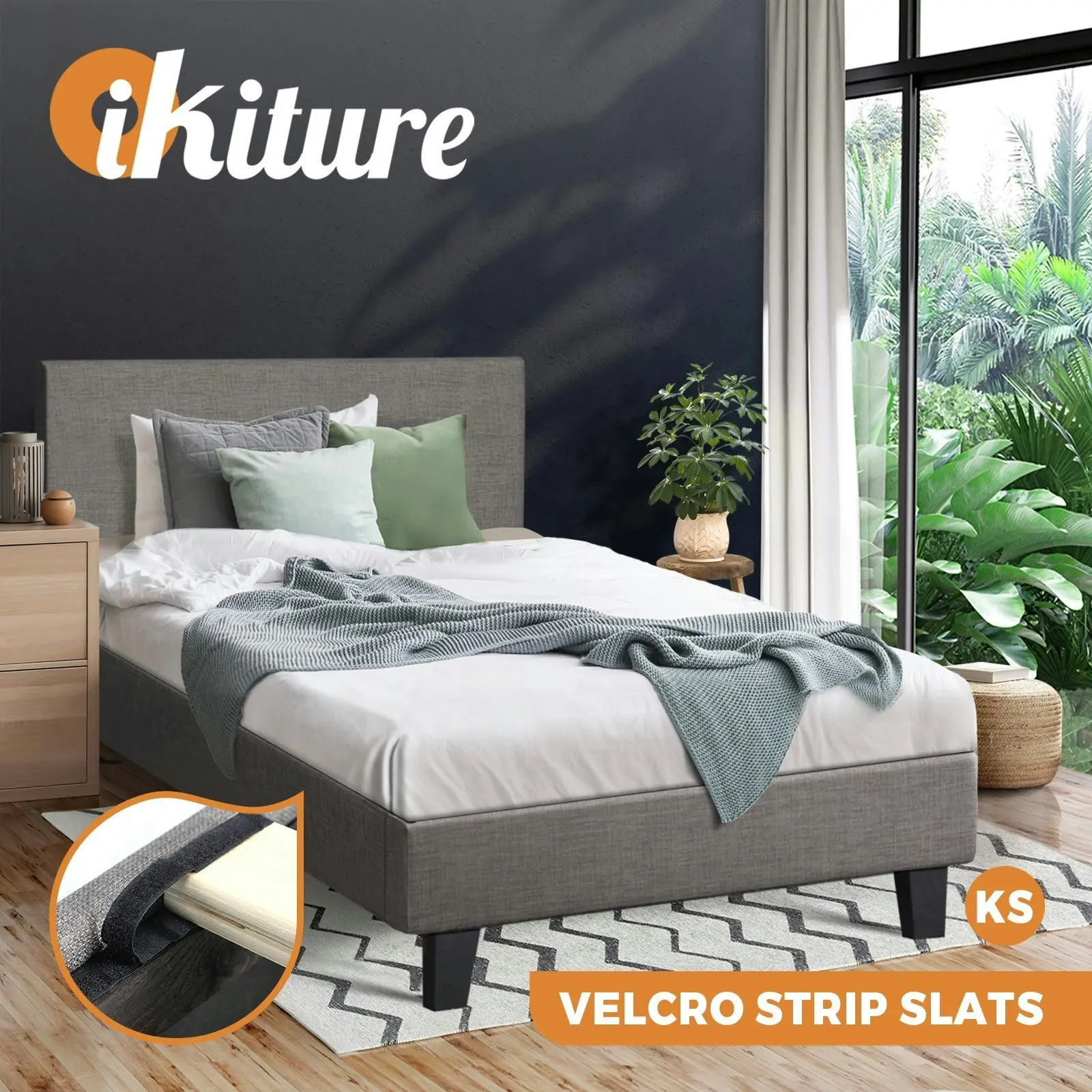 Oikiture Bed Frame King Single Size Mattress Base Platform Wooden Slats Fabric