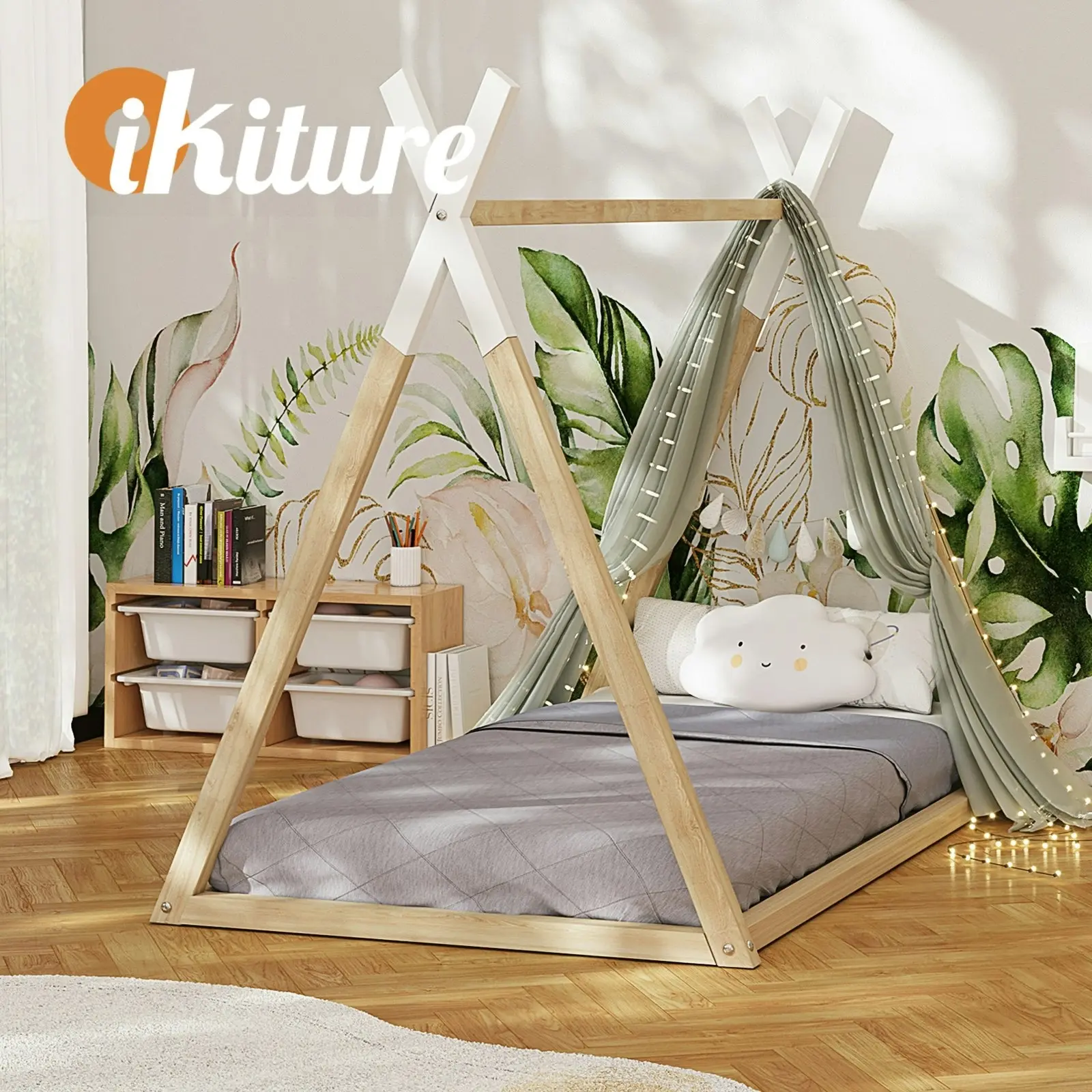 Oikiture Wooden Bed Frame Single Timber Teepee House Mattress Base Platform