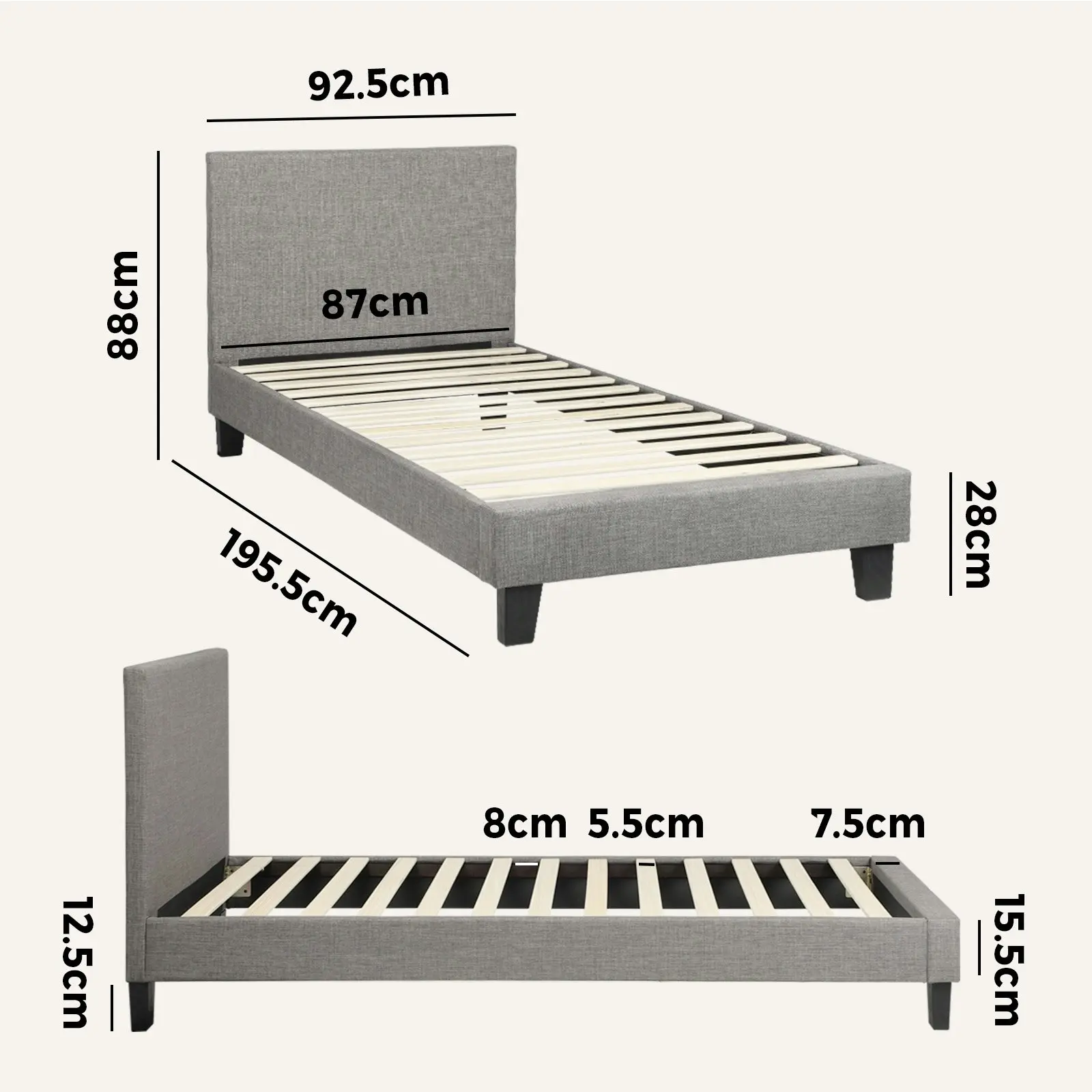 Oikiture Bed Frame Single Size Mattress Base Platform Wooden Slats Grey Fabric