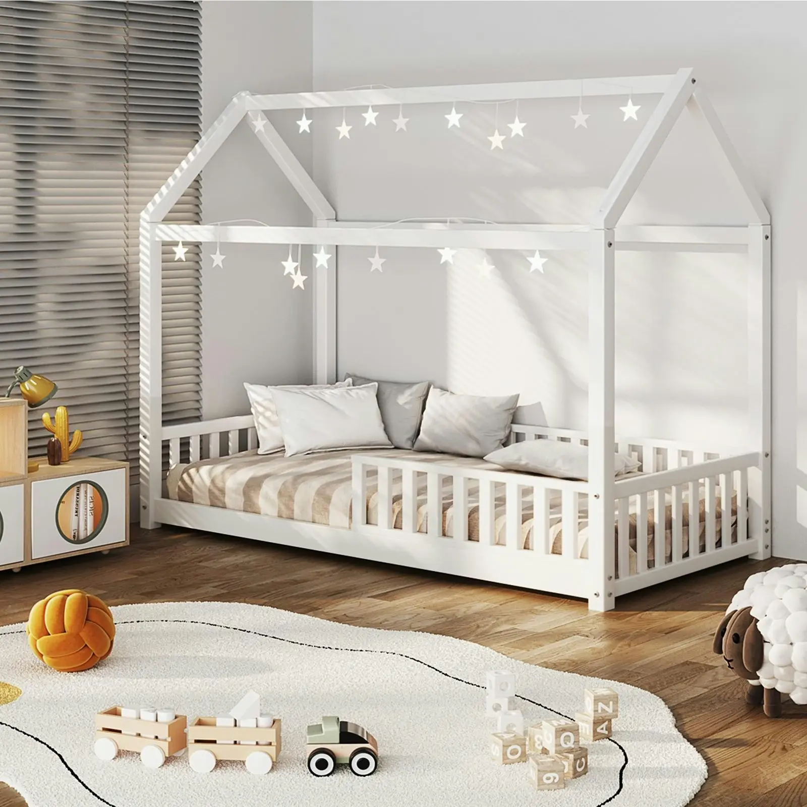 Oikiture Bed Frame Kids Wooden Single Timber House Frame Mattress Base Platform