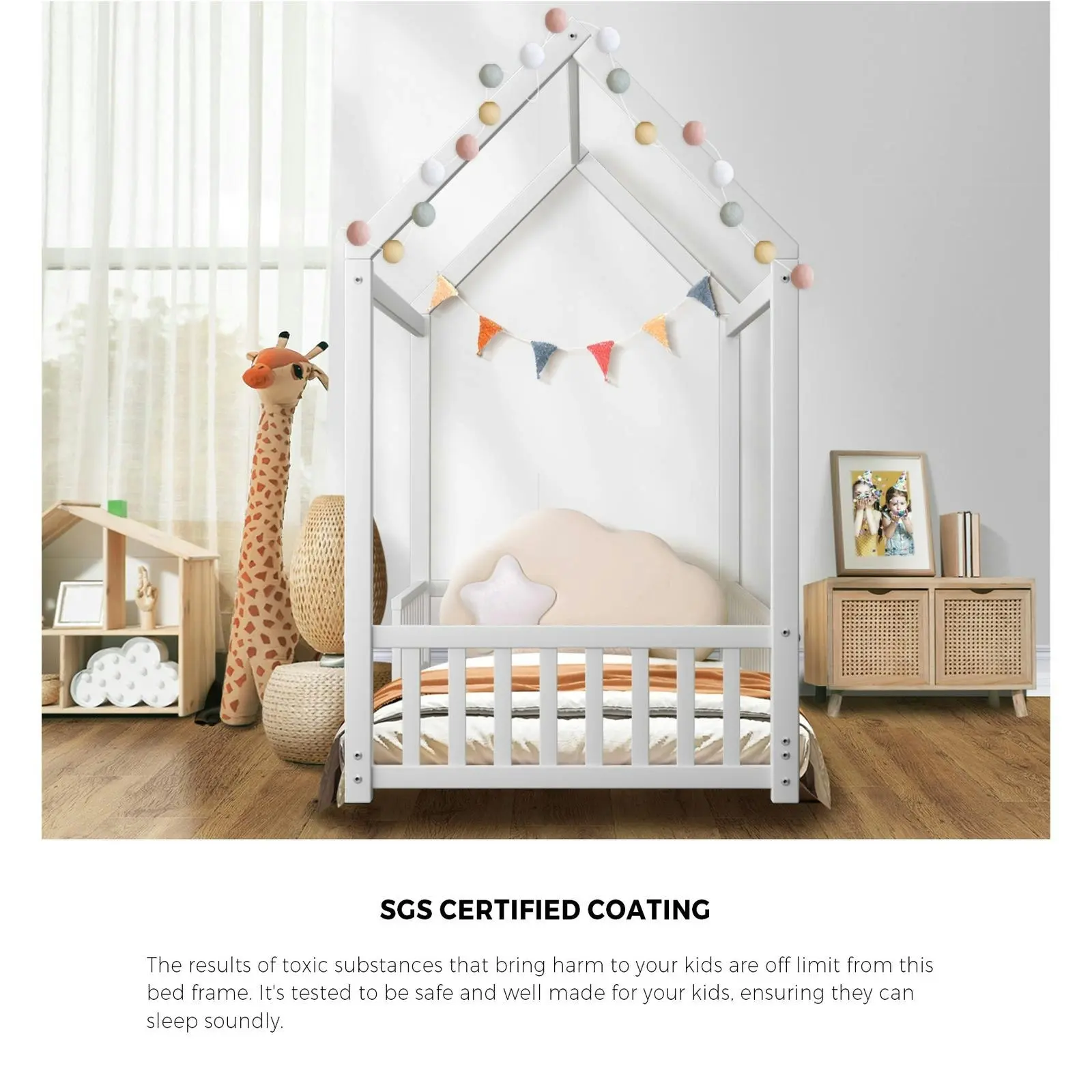 Oikiture Bed Frame Kids Wooden Single Timber House Frame Mattress Base Platform