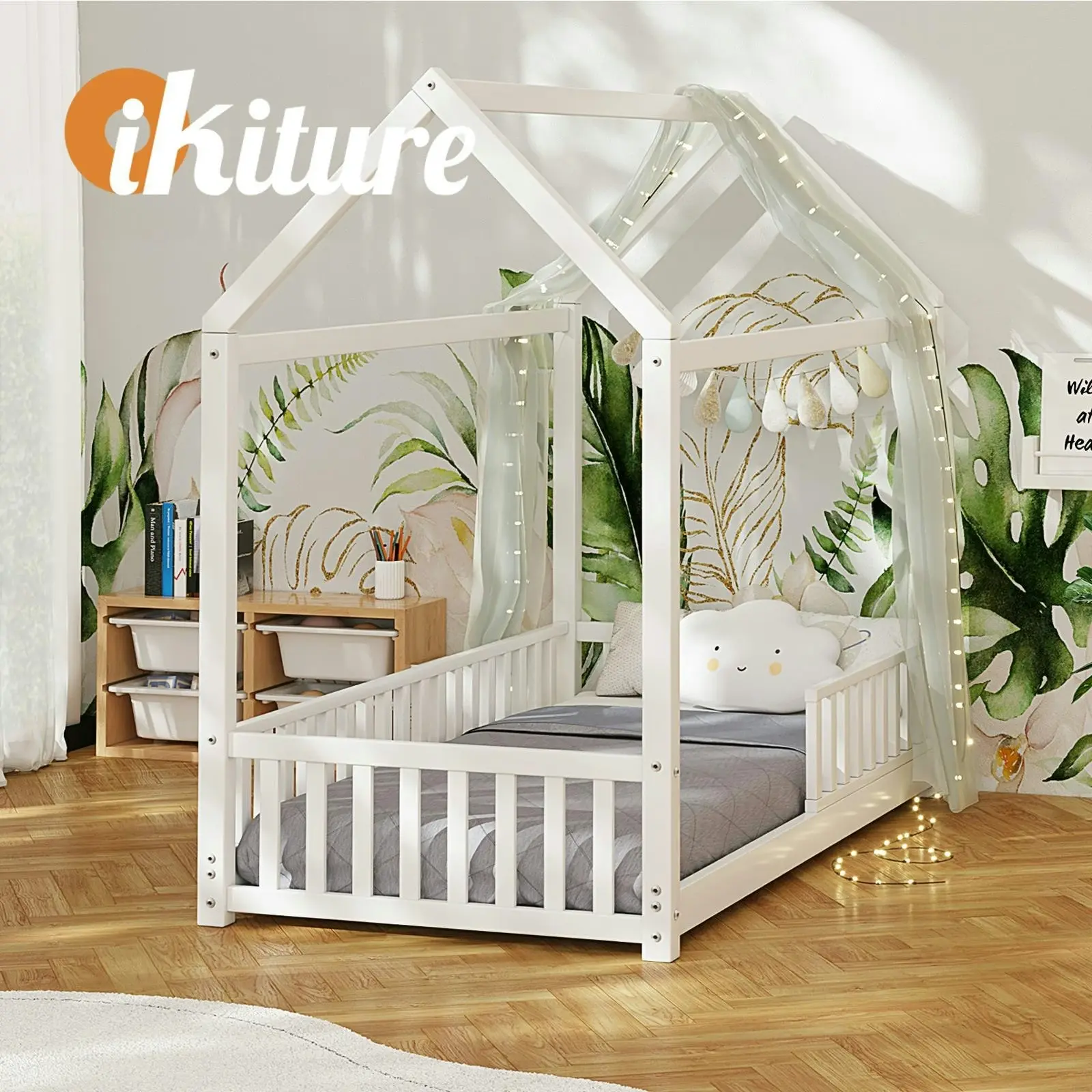 Oikiture Bed Frame Kids Wooden Single Timber House Frame Mattress Base Platform