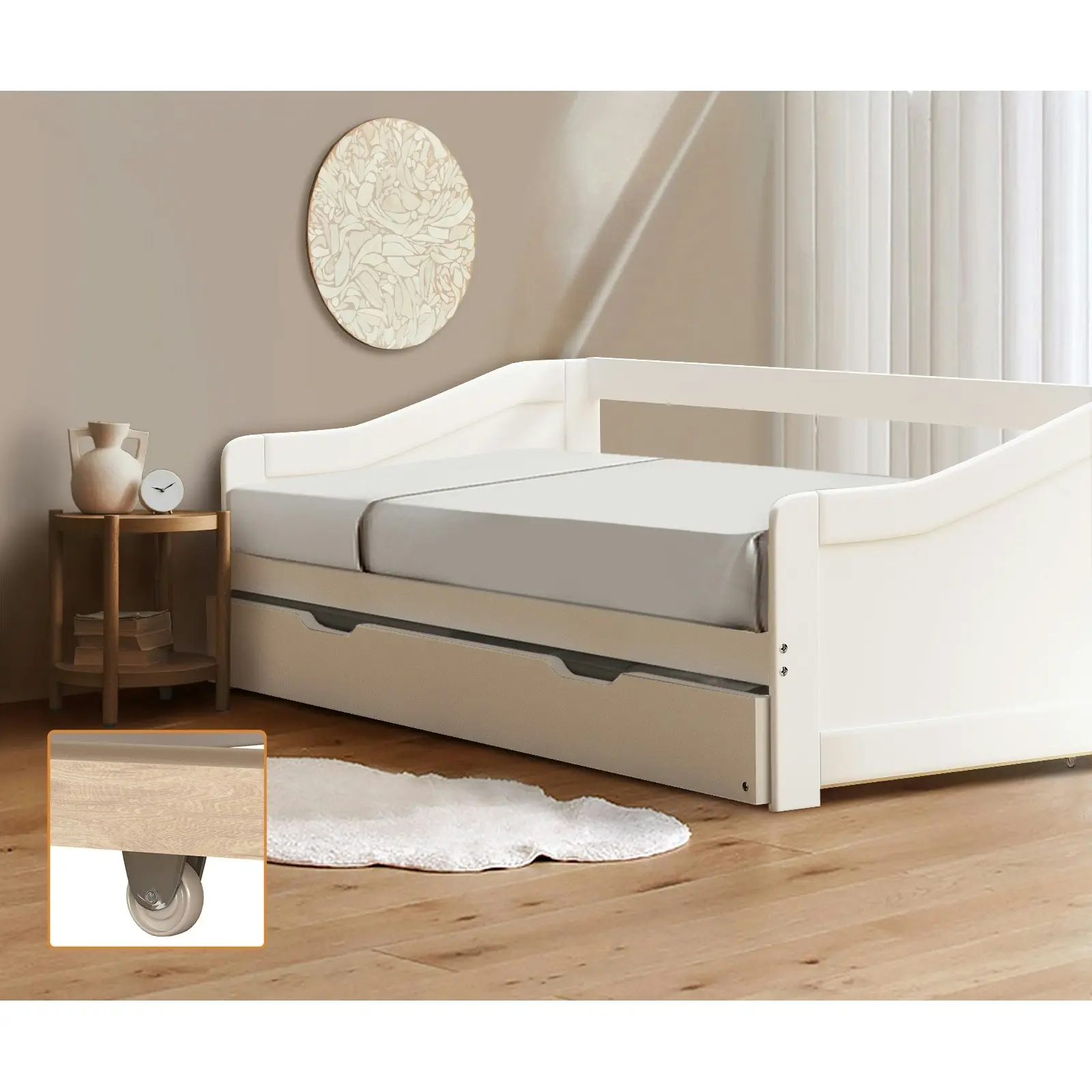 Oikiture Trundle Bed Frame Daybed Single Size Base Timber Wooden Single Beds x2