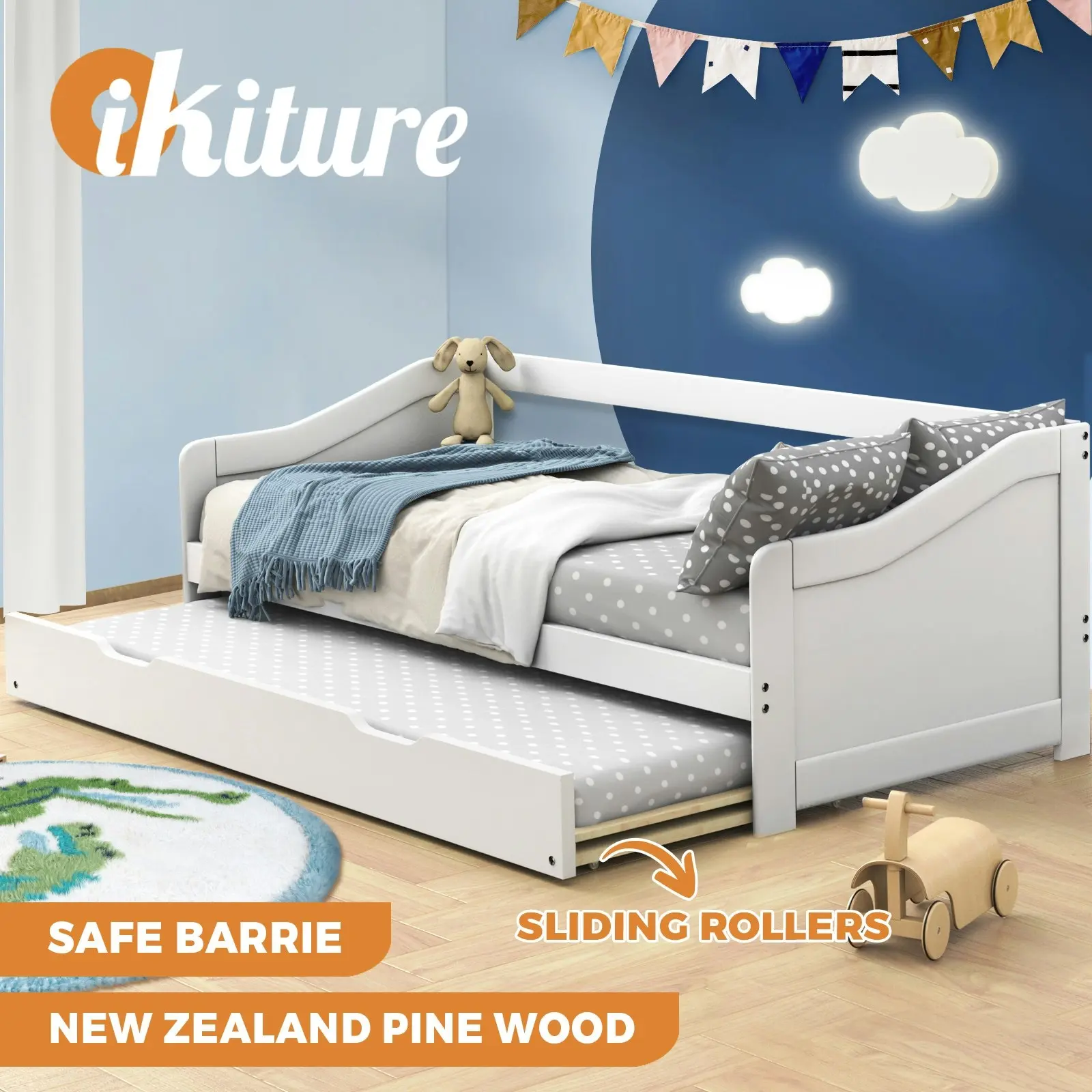 Oikiture Trundle Bed Frame Daybed Single Size Base Timber Wooden Single Beds x2