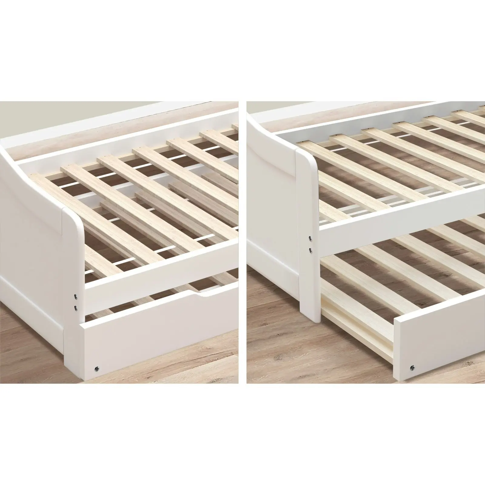 Oikiture Trundle Bed Frame Daybed Single Size Base Timber Wooden Single Beds x2