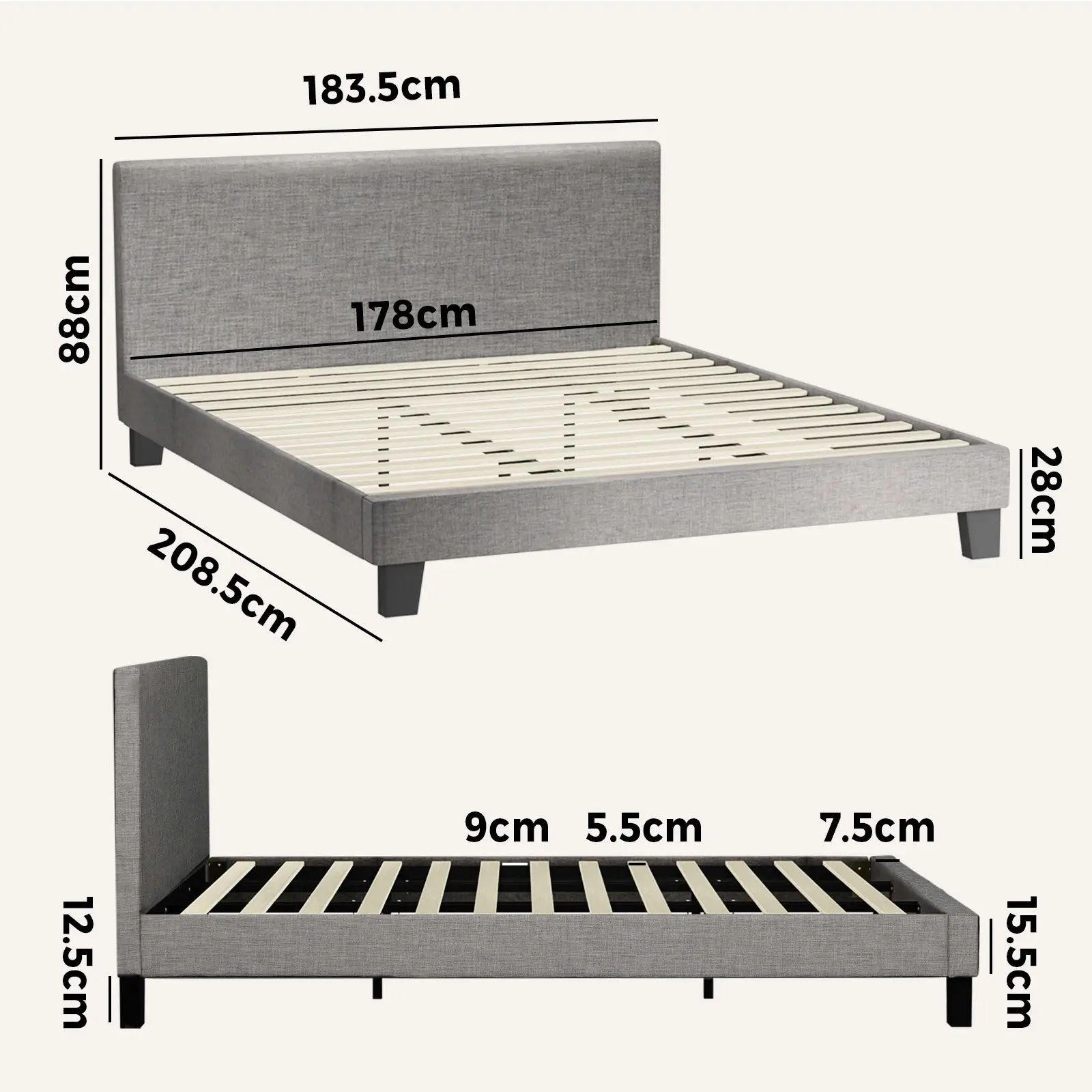 Oikiture Bed Frame King Size Mattress Base Platform Wooden Slats Grey Fabric