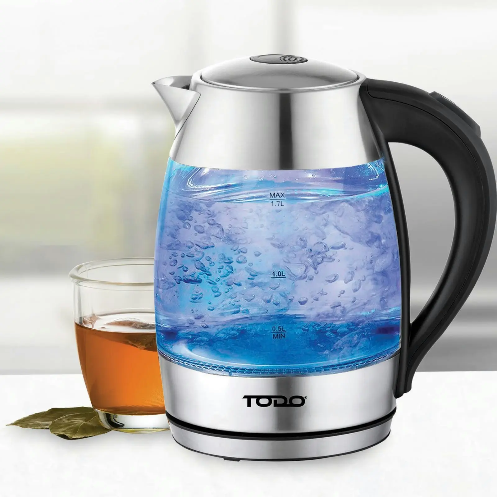 TODO 1.7L Glass Cordless Kettle Electric Dual Wall LED Water Jug - Stainless Steel