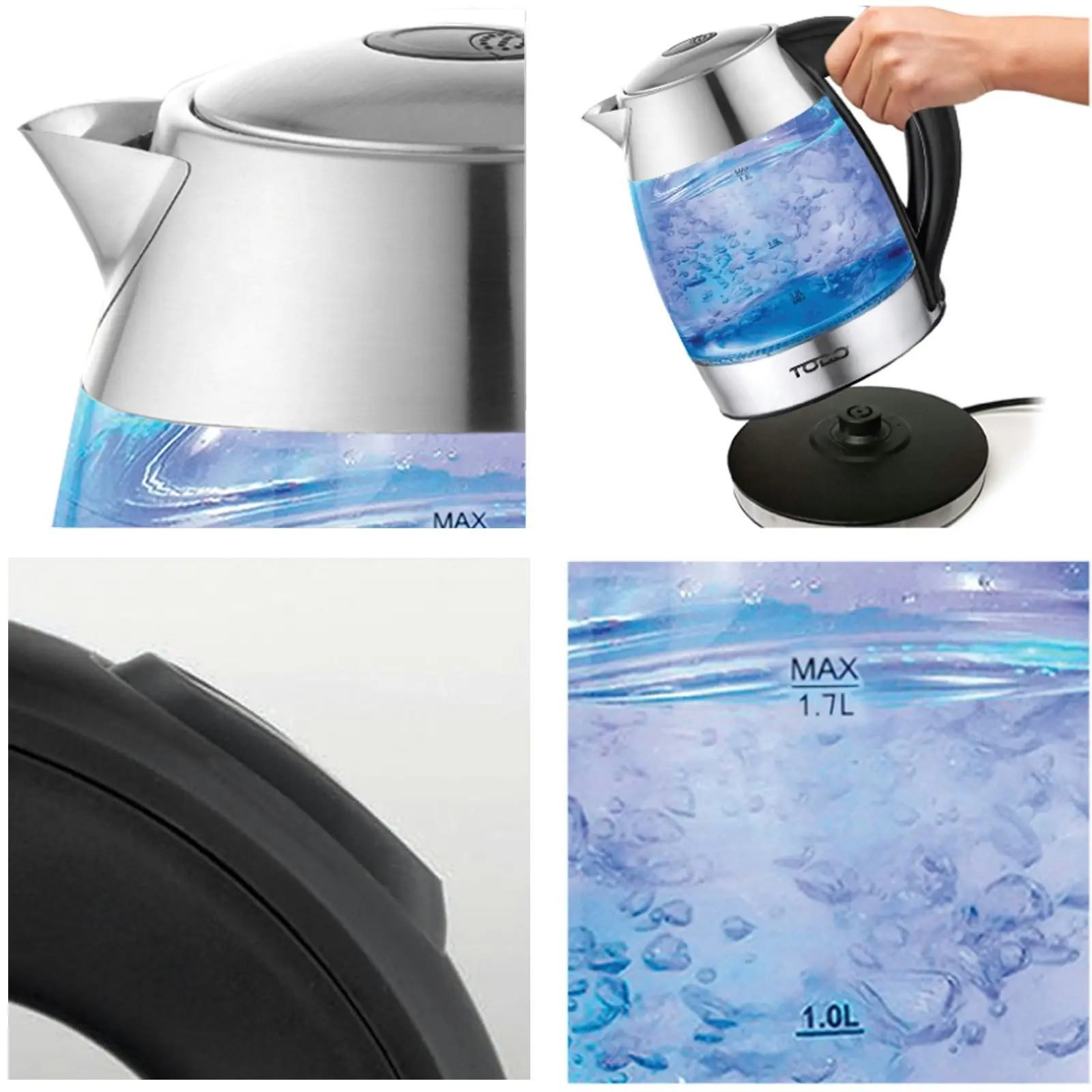 TODO 1.7L Glass Cordless Kettle Electric Dual Wall LED Water Jug - Stainless Steel