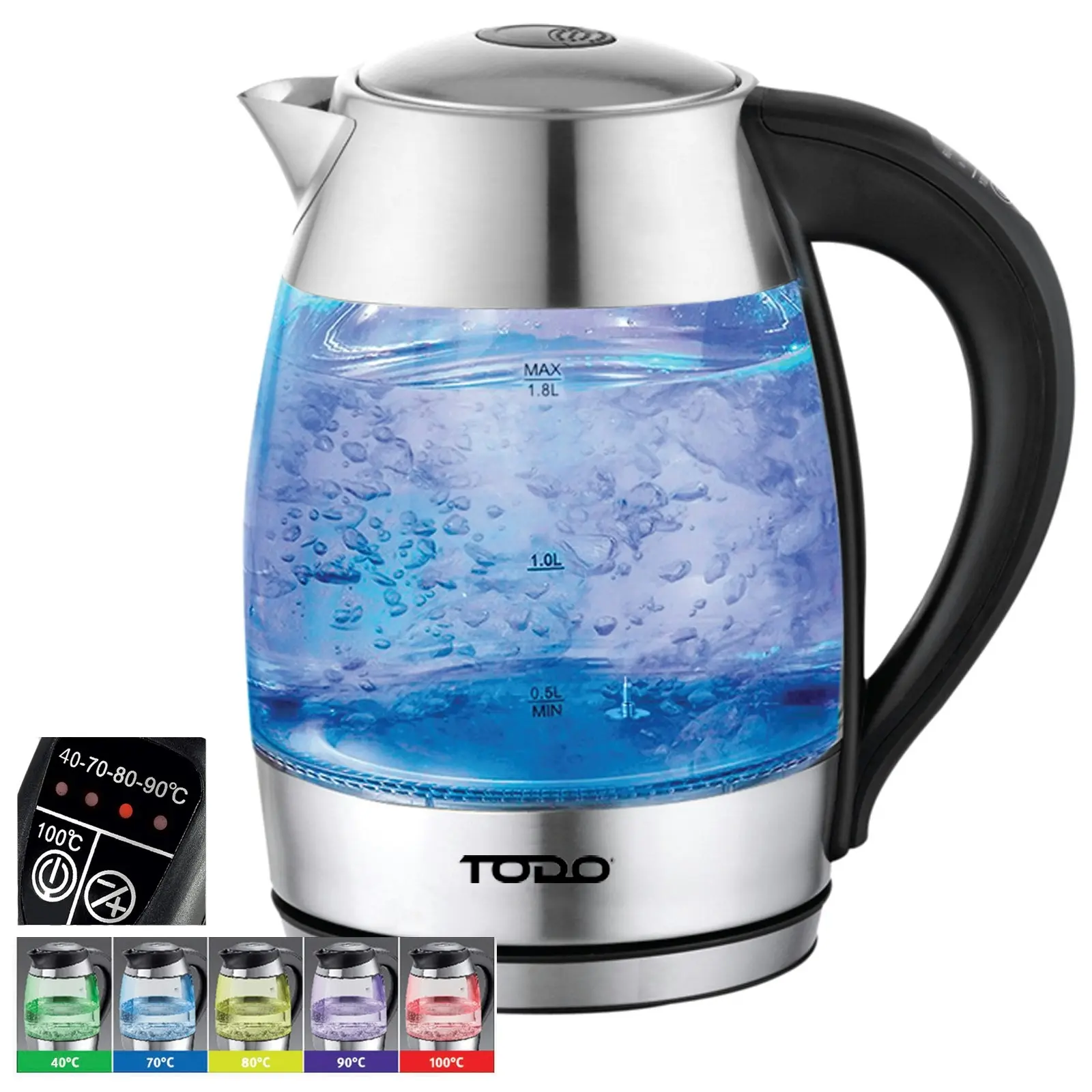 TODO 1.7L Glass Cordless Kettle Keep Warm Electric Dual Wall LED Water Jug - Stainless Steel