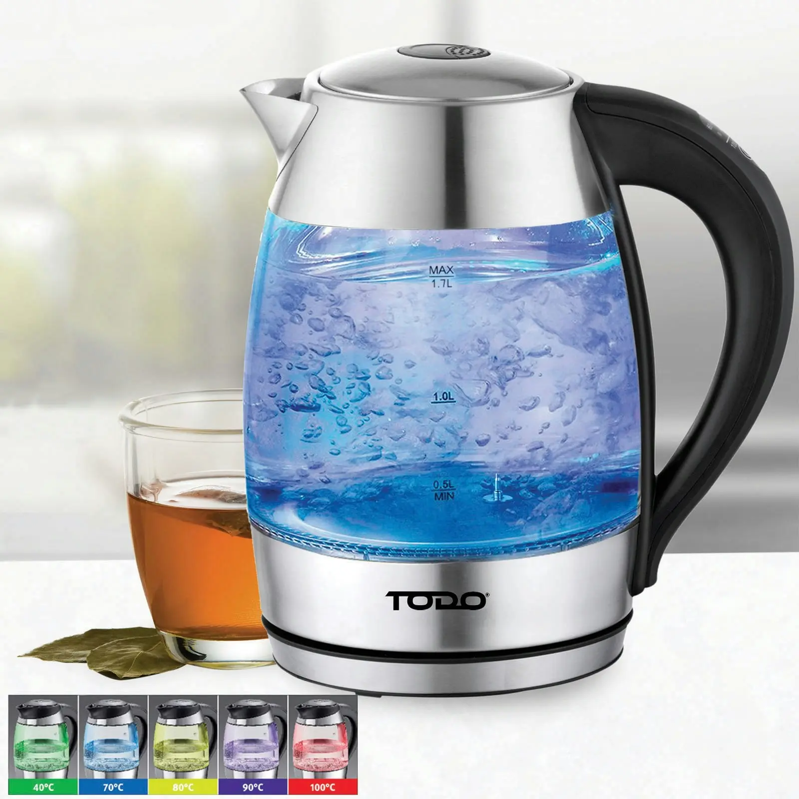 TODO 1.7L Glass Cordless Kettle Keep Warm Electric Dual Wall LED Water Jug - Stainless Steel