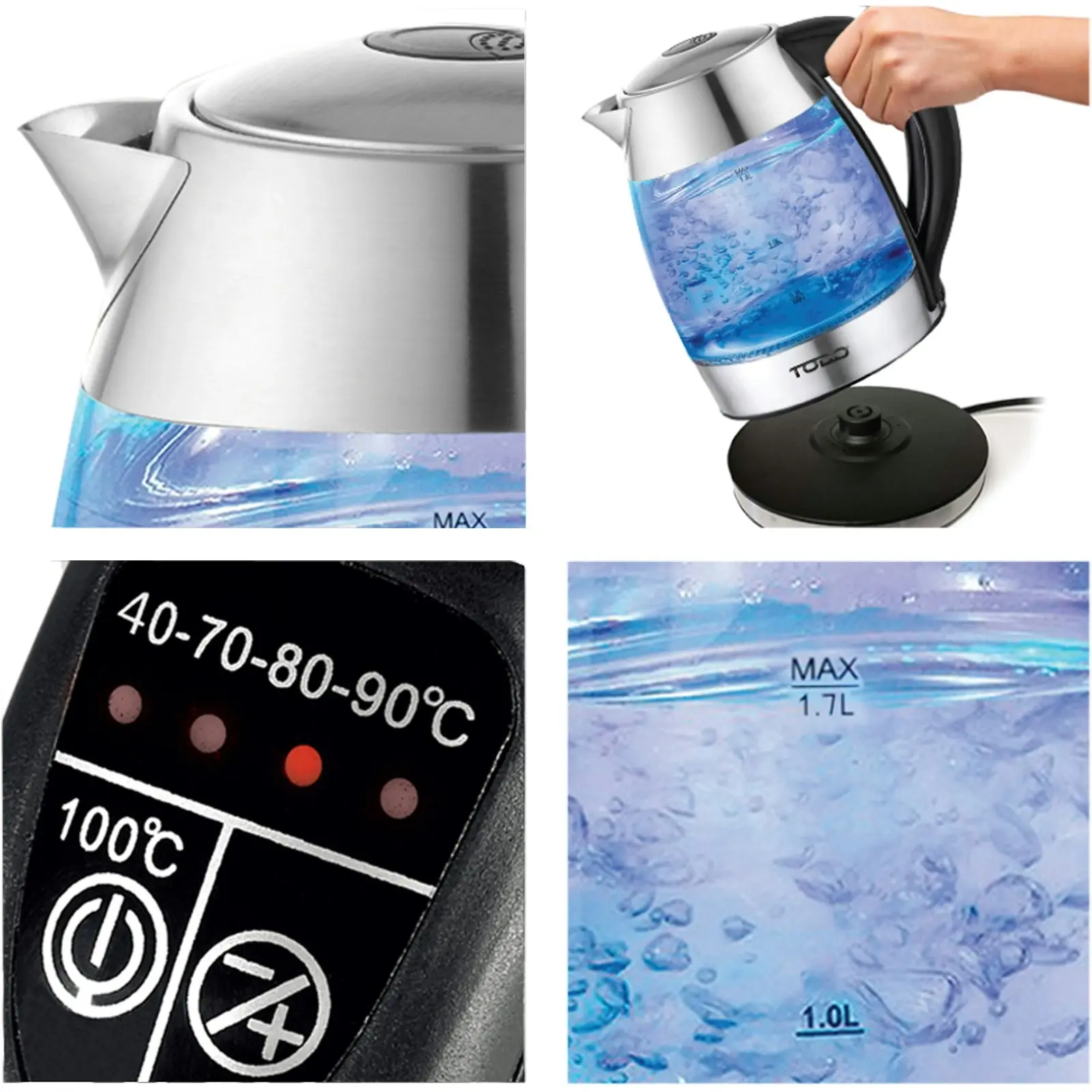 TODO 1.7L Glass Cordless Kettle Keep Warm Electric Dual Wall LED Water Jug - Stainless Steel