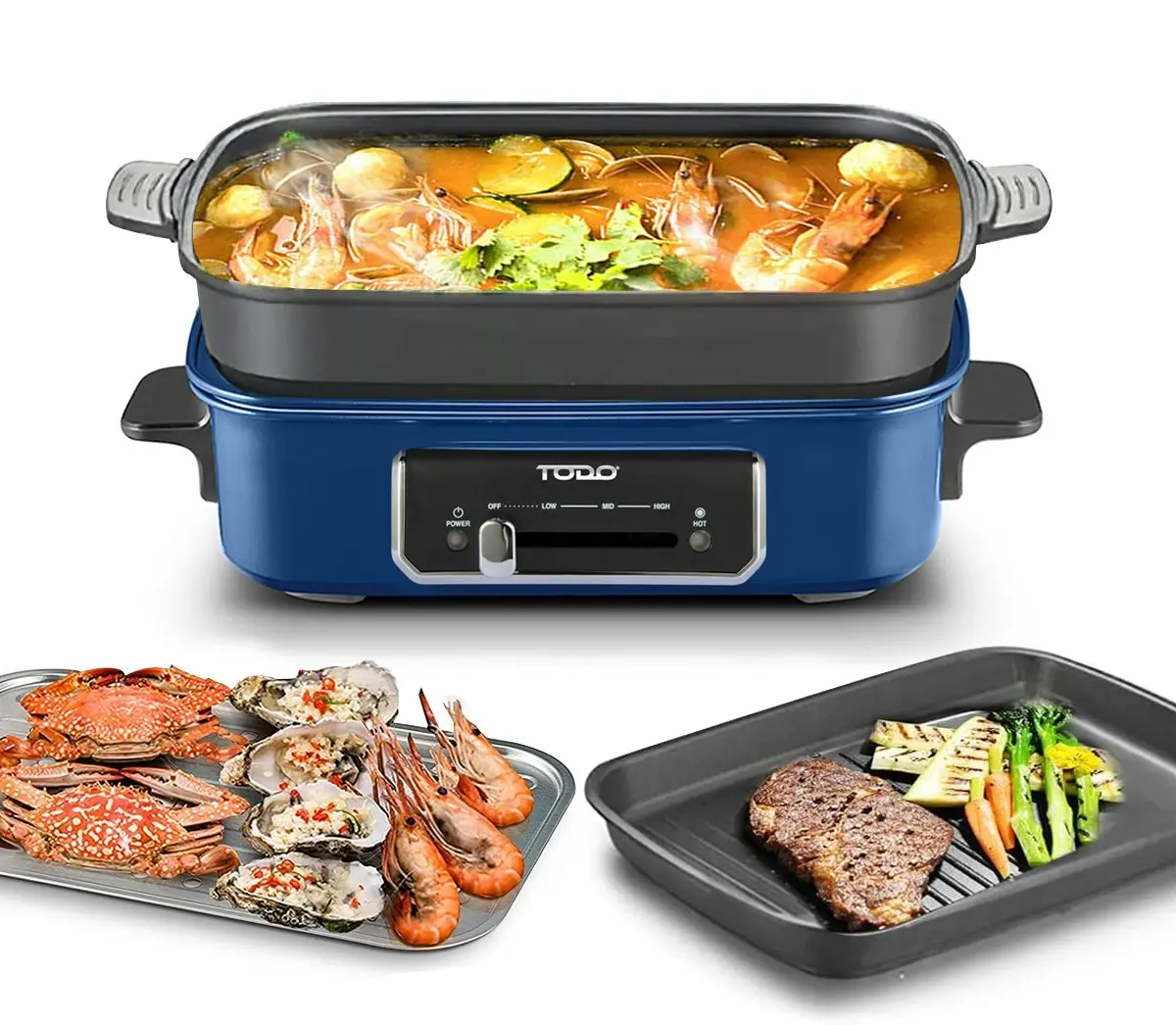 TODO 1400W 3-in-1 Electric Multifunction Cooking Pot BBQ Grill Pan Hot Pot