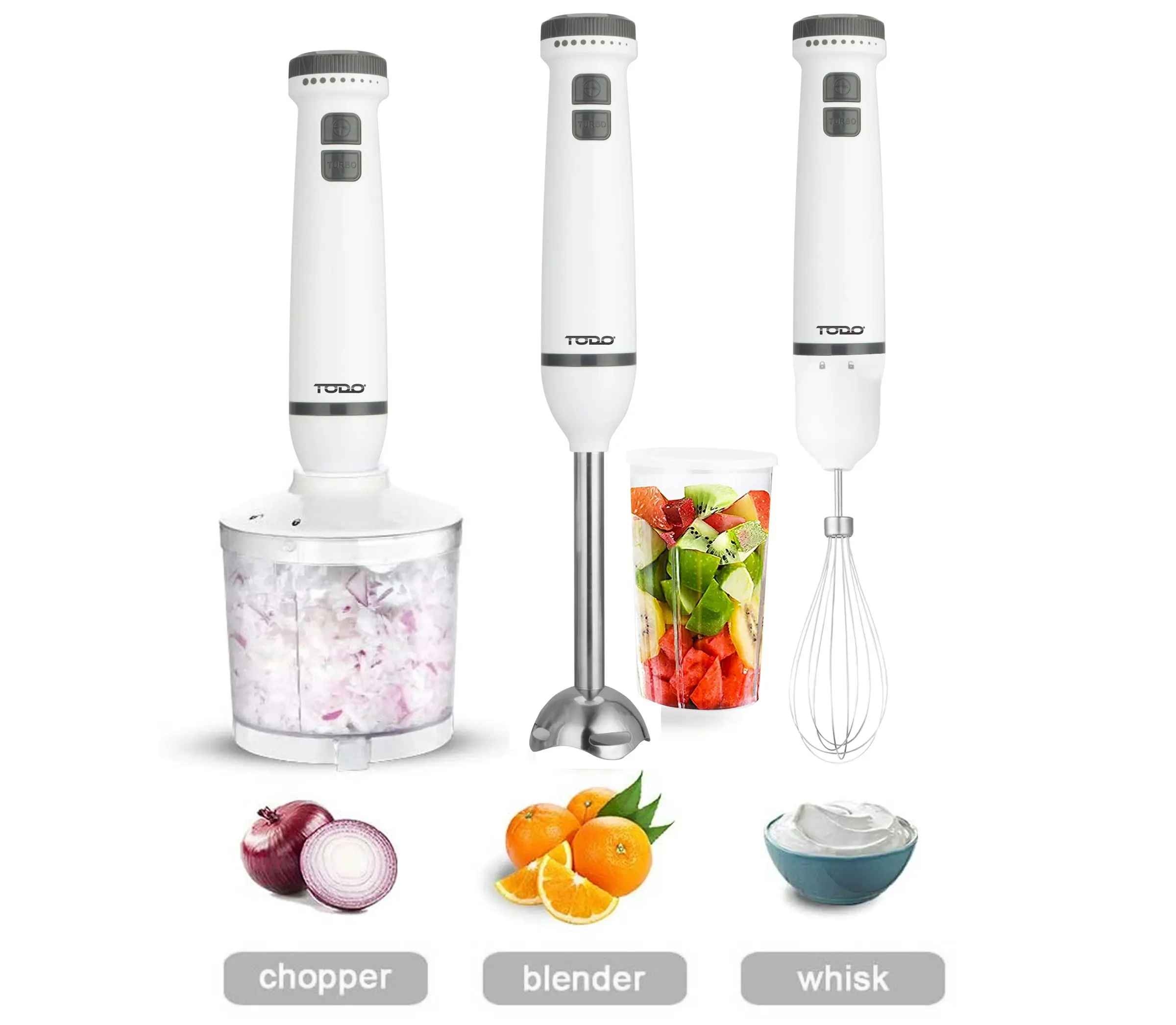 TODO Stick Mixer Set Food Chopper Electric Blender Whisk Handheld Beaker Jar Bowl - White