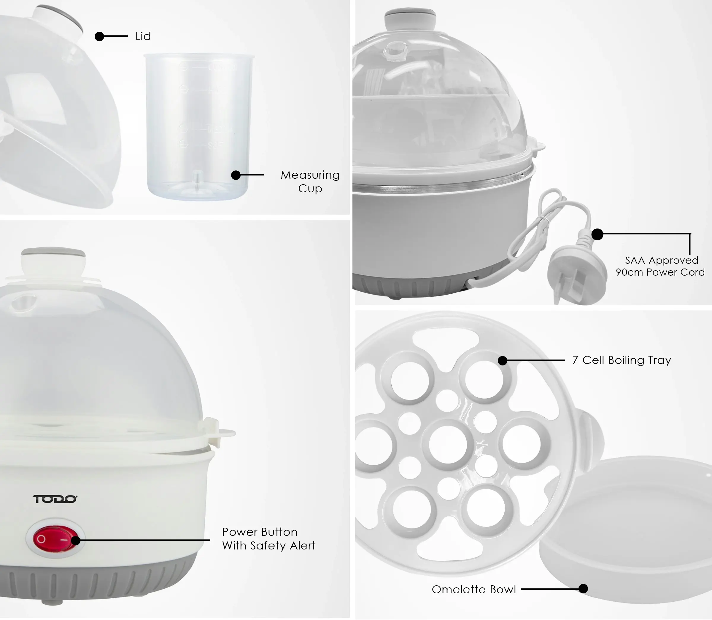 TODO 350W Egg Cooker Omelet Omelette 7 Cell Tray Electric Egg Maker - White