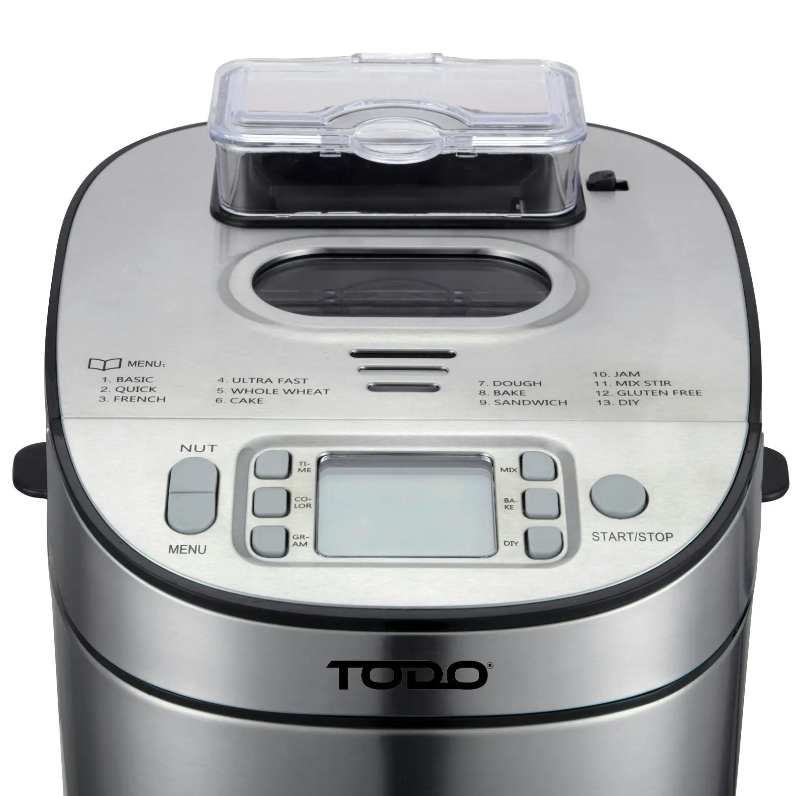 TODO Stainless Steel Bread Maker 13 Programs Menu 550W Power Fruit Nut Dispenser Keep Warm Function