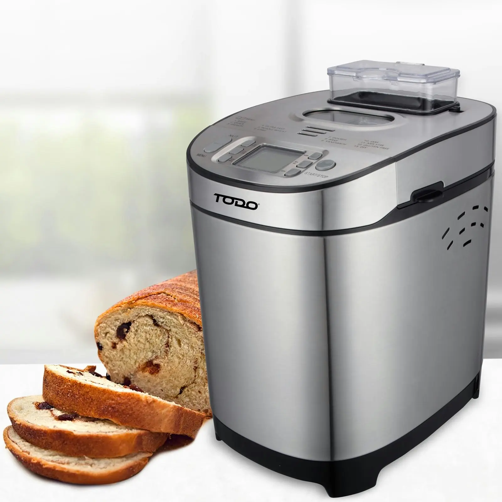 TODO Stainless Steel Bread Maker 13 Programs Menu 550W Power Fruit Nut Dispenser Keep Warm Function