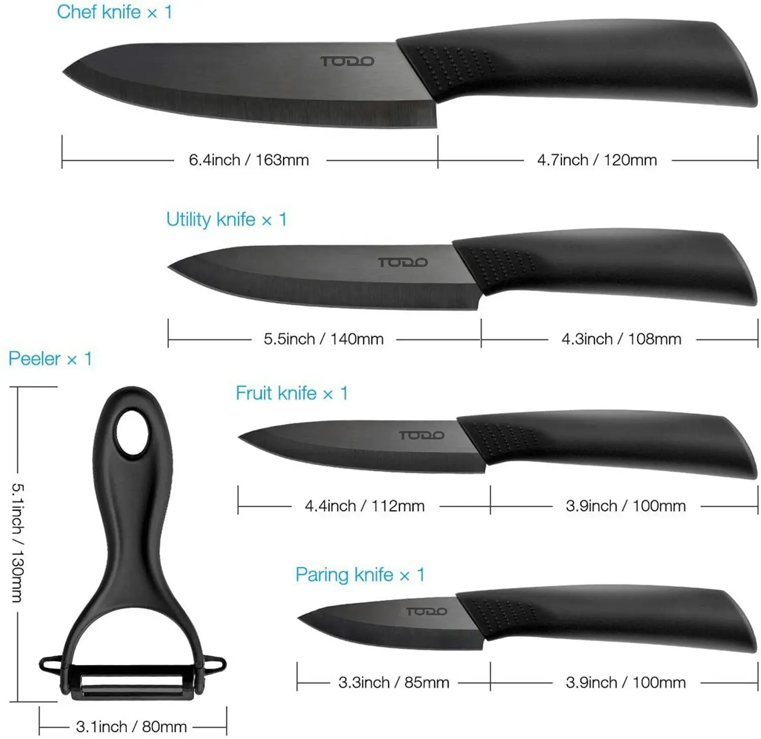 TODO 5 Pc Ceramic Knife + Peeler Set w/ Sheath Black Nano Zirconia Anti Bacterial Blade