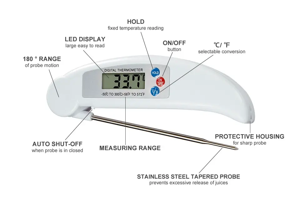 Digital Lcd Display Food Thermometer Folding Temperature Probe Bbq -50°C ~ 300°C