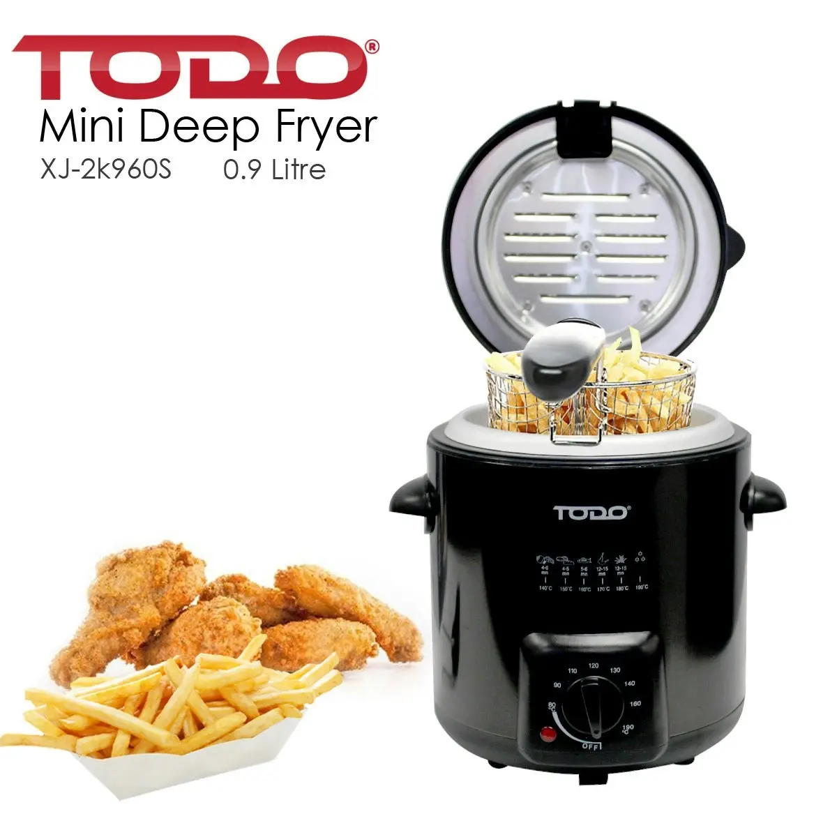 TODO 0.9L Deep Fryer Adjustable Thermostat Dial Black Stainless Steel Housing Basket