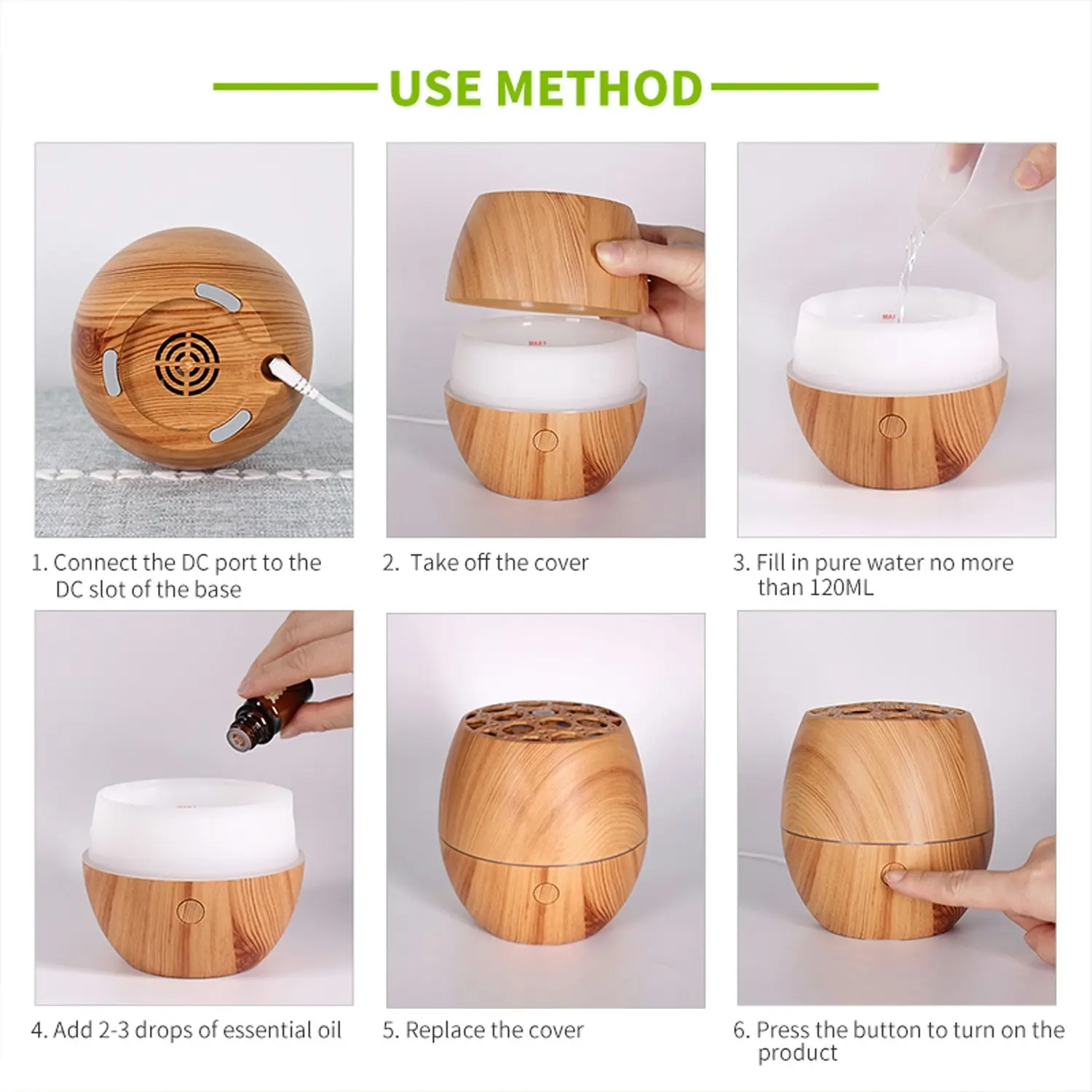 TODO 120ml Humidifier Aromatherapy Diffuser 7 Colour Led Ultrasonic Mist - Woodgrain