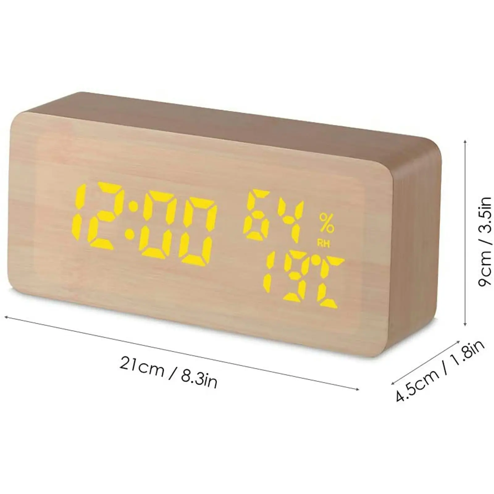 TODO LED Digital Alarm Clock Woodgrain Temperature Humidity USB Power - Beige