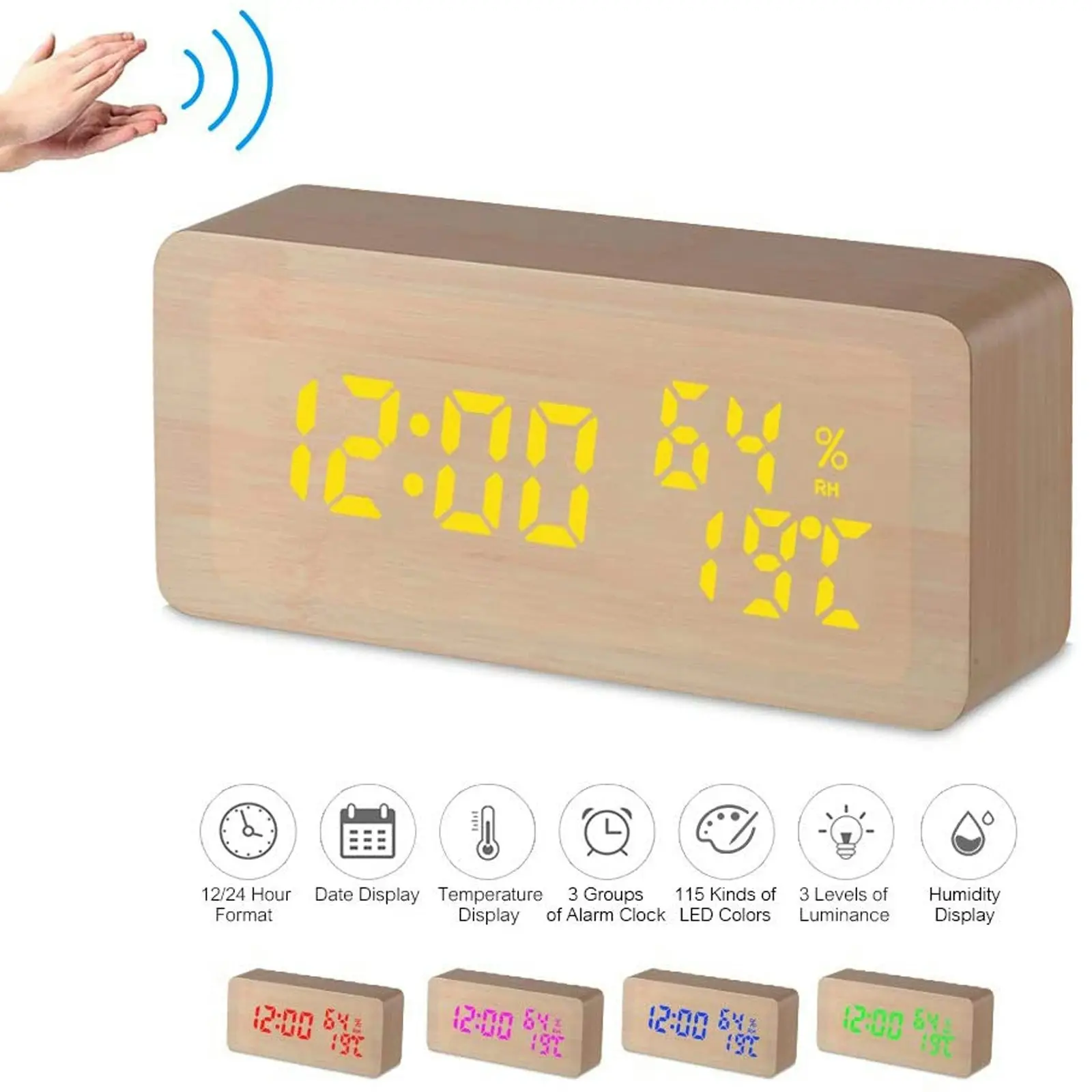 TODO LED Digital Alarm Clock Woodgrain Temperature Humidity USB Power - Beige