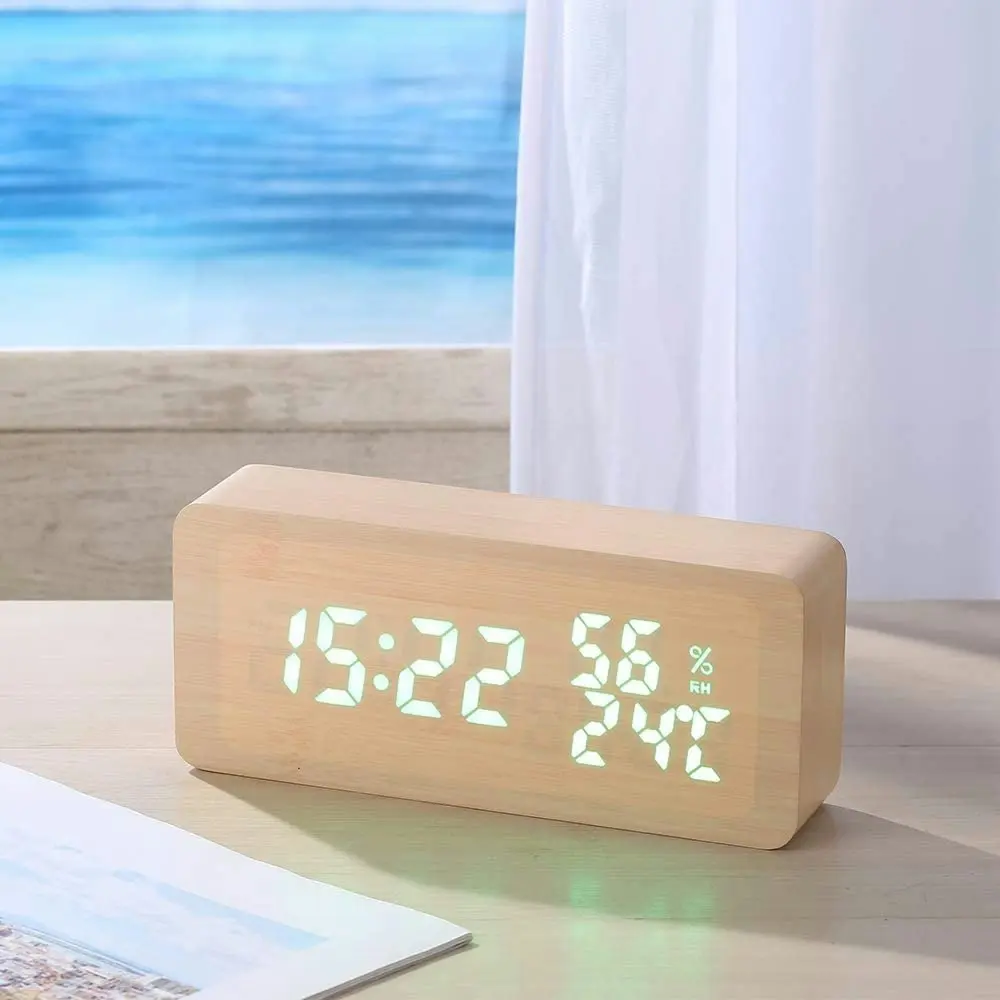 TODO LED Digital Alarm Clock Woodgrain Temperature Humidity USB Power - Beige