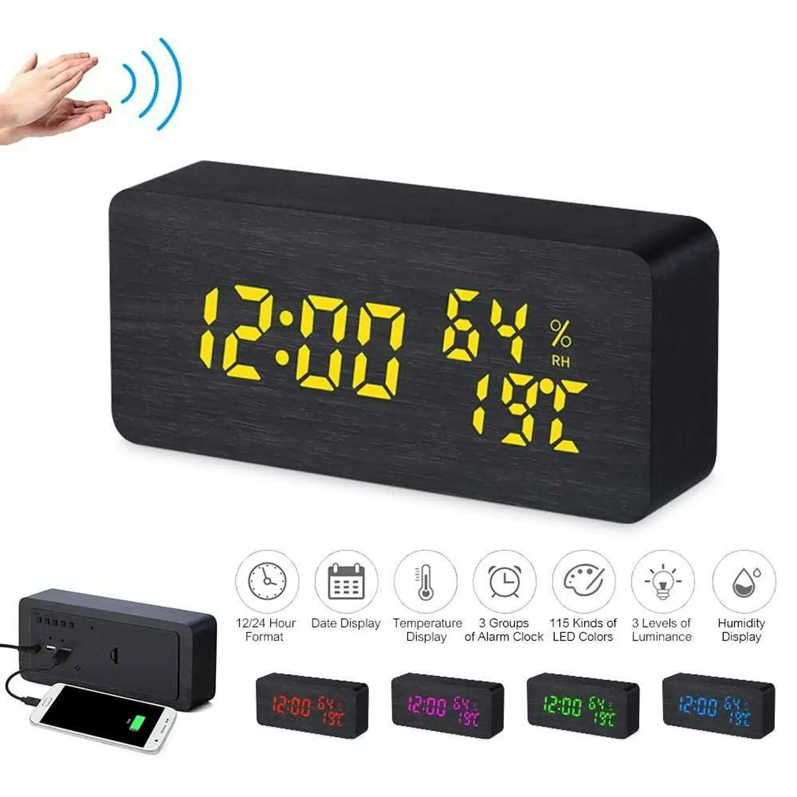 TODO LED Digital Alarm Clock Woodgrain Temperature Humidity USB Power - Black