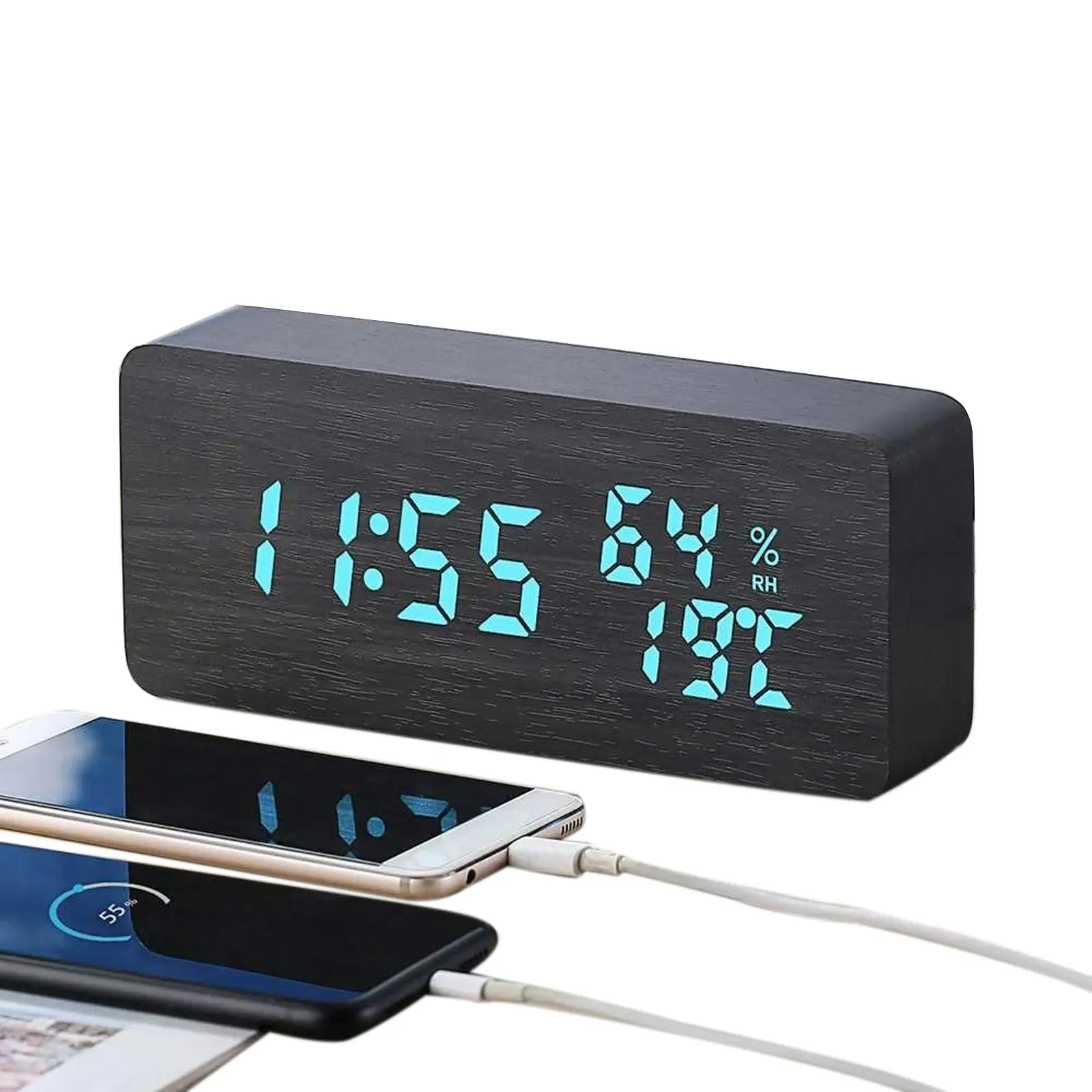 TODO LED Digital Alarm Clock Woodgrain Temperature Humidity USB Power - Black