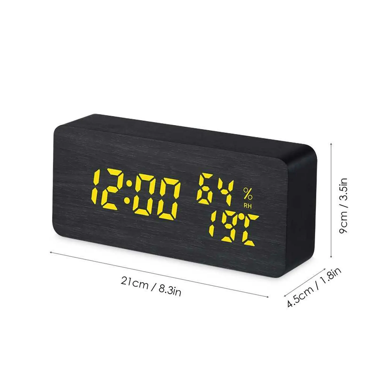 TODO LED Digital Alarm Clock Woodgrain Temperature Humidity USB Power - Black