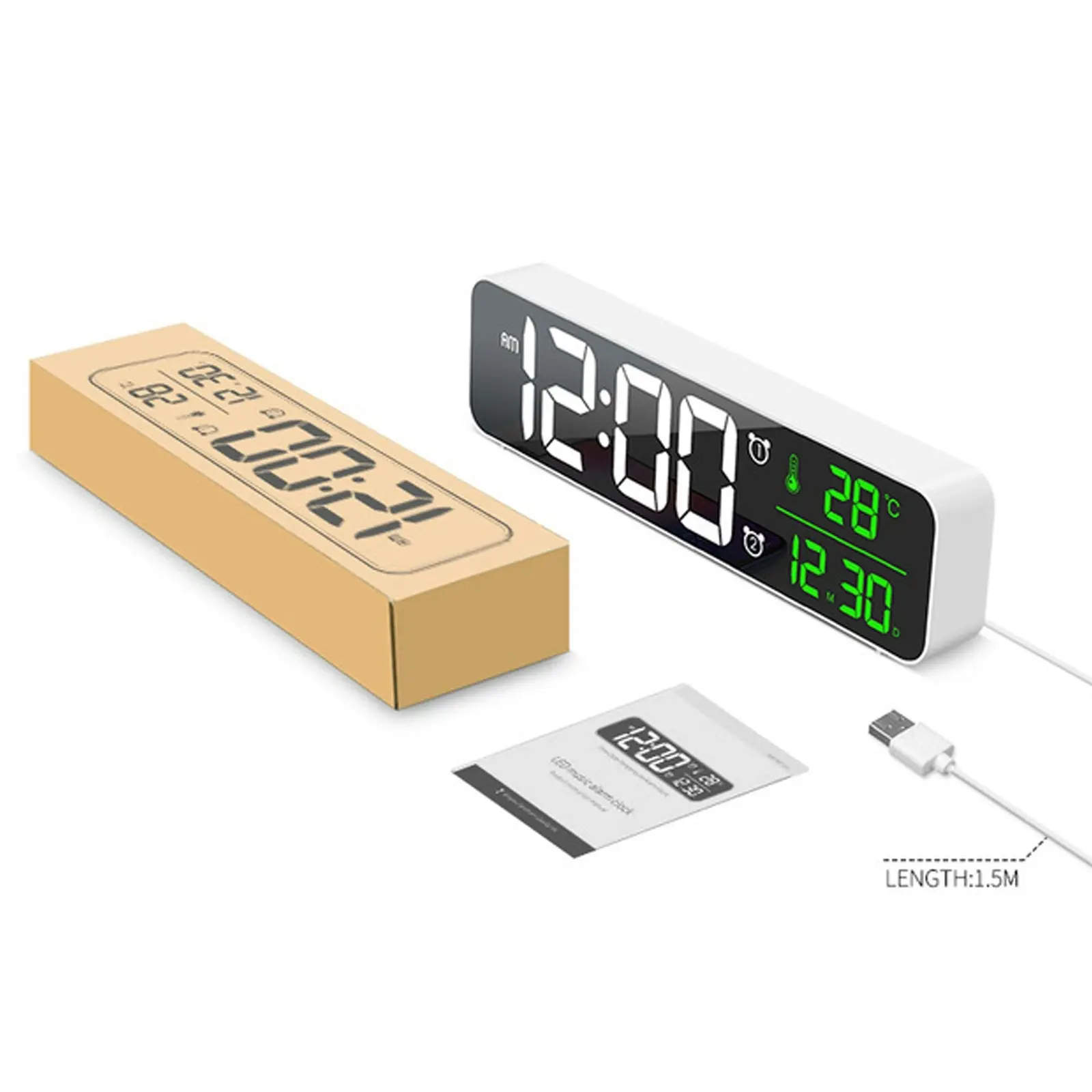 TODO LED Digital Alarm Clock Temperature Music Alarm USB Power Wall Clock - White