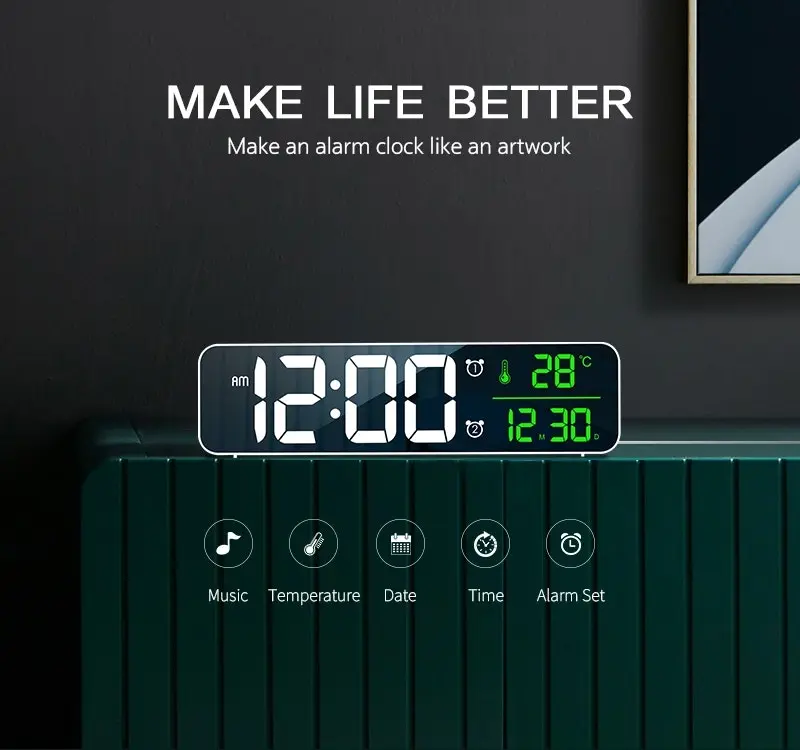 TODO LED Digital Alarm Clock Temperature Music Alarm USB Power Wall Clock - Black