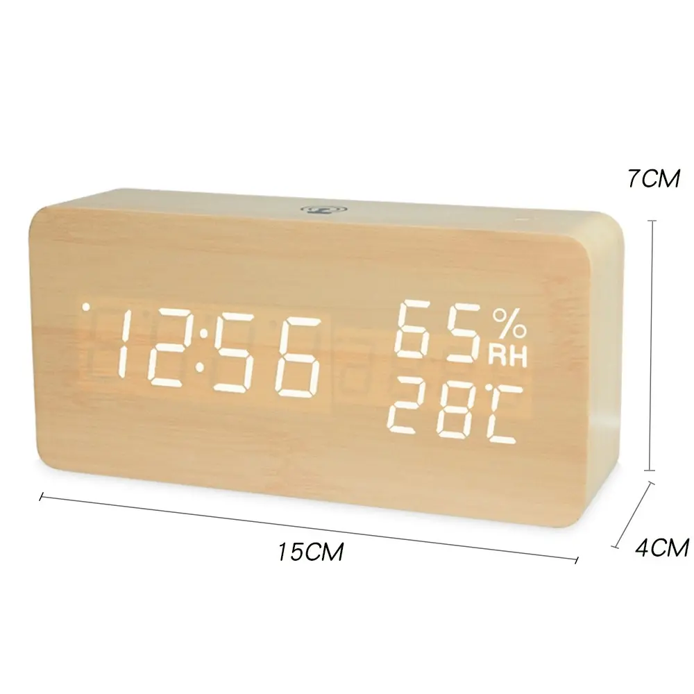 TODO LED Digital Alarm Clock Rechargeable Woodgrain USB Android iOS Control APP - Beige