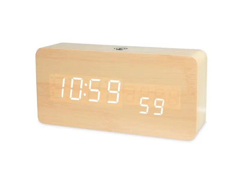 TODO LED Digital Alarm Clock Rechargeable Woodgrain USB Android iOS Control APP - Beige