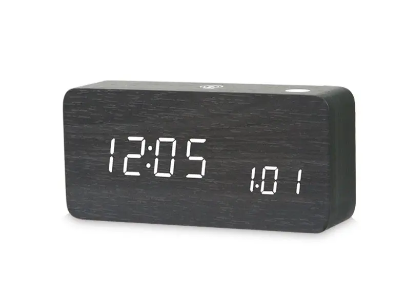 TODO LED Digital Alarm Clock Rechargeable Woodgrain USB Android iOS Control APP - Black