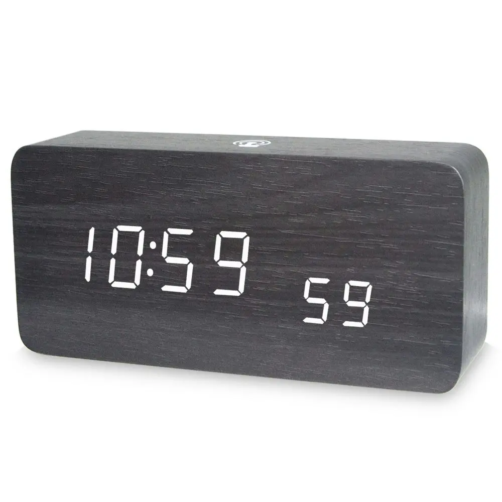 TODO LED Digital Alarm Clock Rechargeable Woodgrain USB Android iOS Control APP - Black