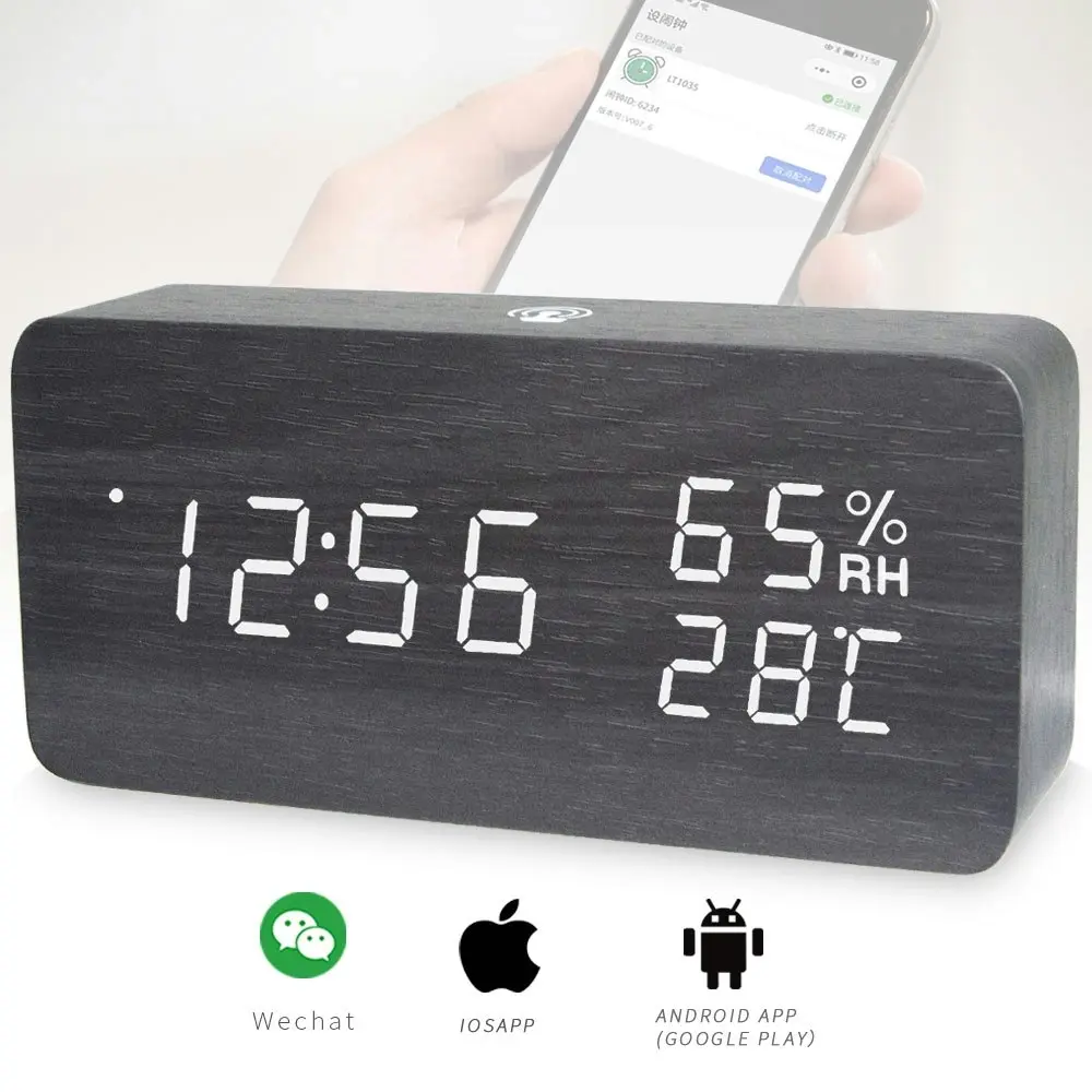 TODO LED Digital Alarm Clock Rechargeable Woodgrain USB Android iOS Control APP - Black