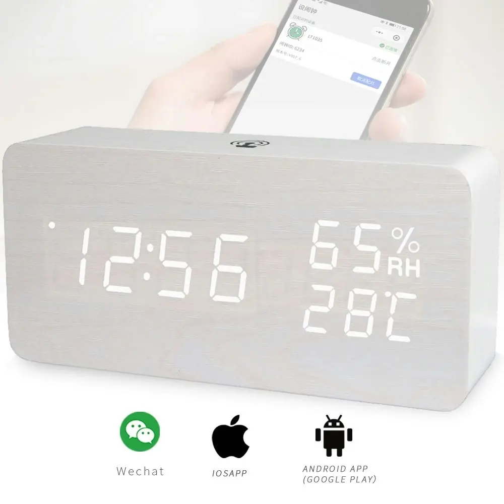 TODO LED Digital Alarm Clock Rechargeable Woodgrain USB Android iOS Control APP - White