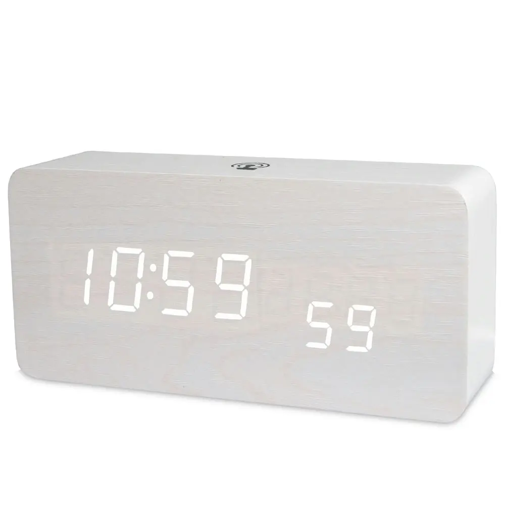 TODO LED Digital Alarm Clock Rechargeable Woodgrain USB Android iOS Control APP - White