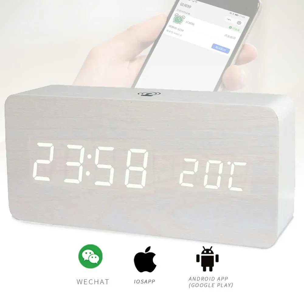 TODO Rechargeable LED Digital Alarm Clock Woodgrain USB Android iOS Control APP - White