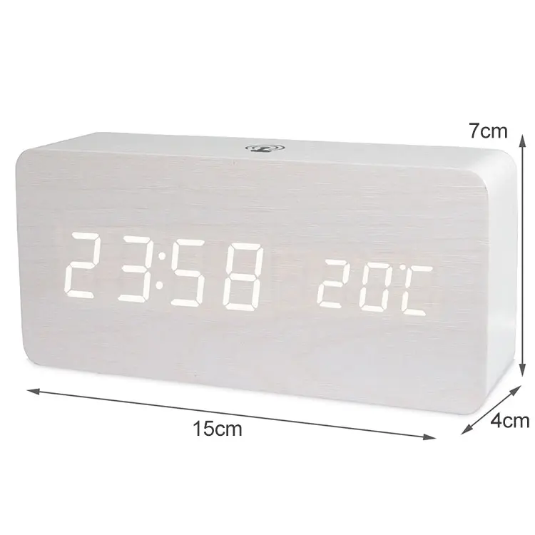 TODO Rechargeable LED Digital Alarm Clock Woodgrain USB Android iOS Control APP - White