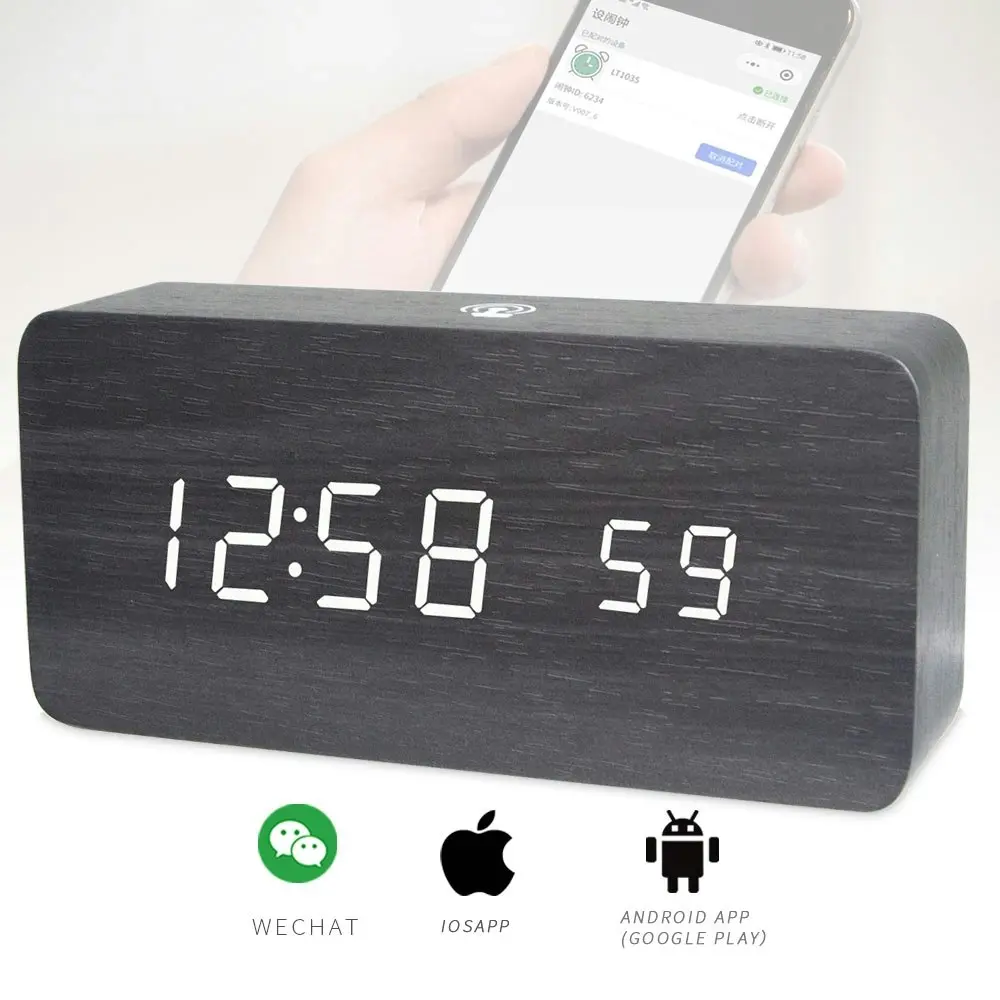 TODO Rechargeable LED Digital Alarm Clock Woodgrain USB Android iOS Control APP - Black