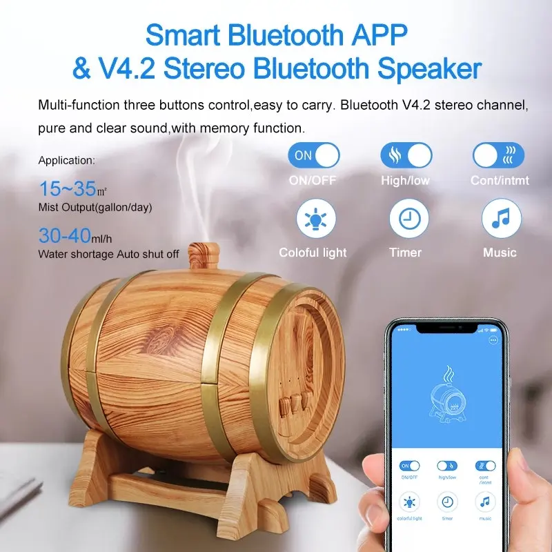 TODO 350Ml Bluetooth Speaker Humidifier Aromatherapy Diffuser Ultrasonic Led + Essential Oil - Oak Wood